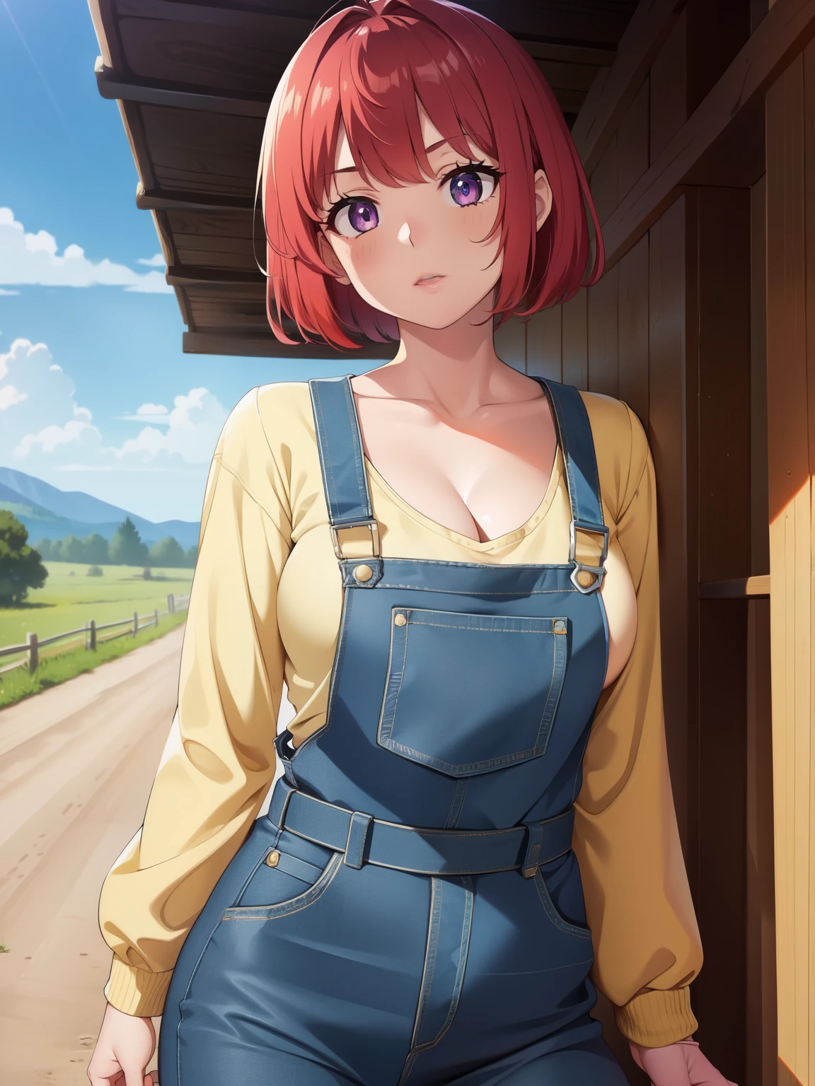 cowgirl, cow girl, ahoge, red hair, (purple eyes:1.1), short hair,BREAK cleavage, collarbone, frills, long sleeves, overalls, suspenders,BREAK outdoors, farm,BREAK looking at viewer, (cowboy shot:1.5),BREAK, (masterpiece:1.2), best quality, high resolution, unity 8k wallpaper, (illustration:0.8), (beautiful detailed eyes:1.6), extremely detailed face, perfect lighting, extremely detailed CG, (perfect hands, perfect anatomy),
