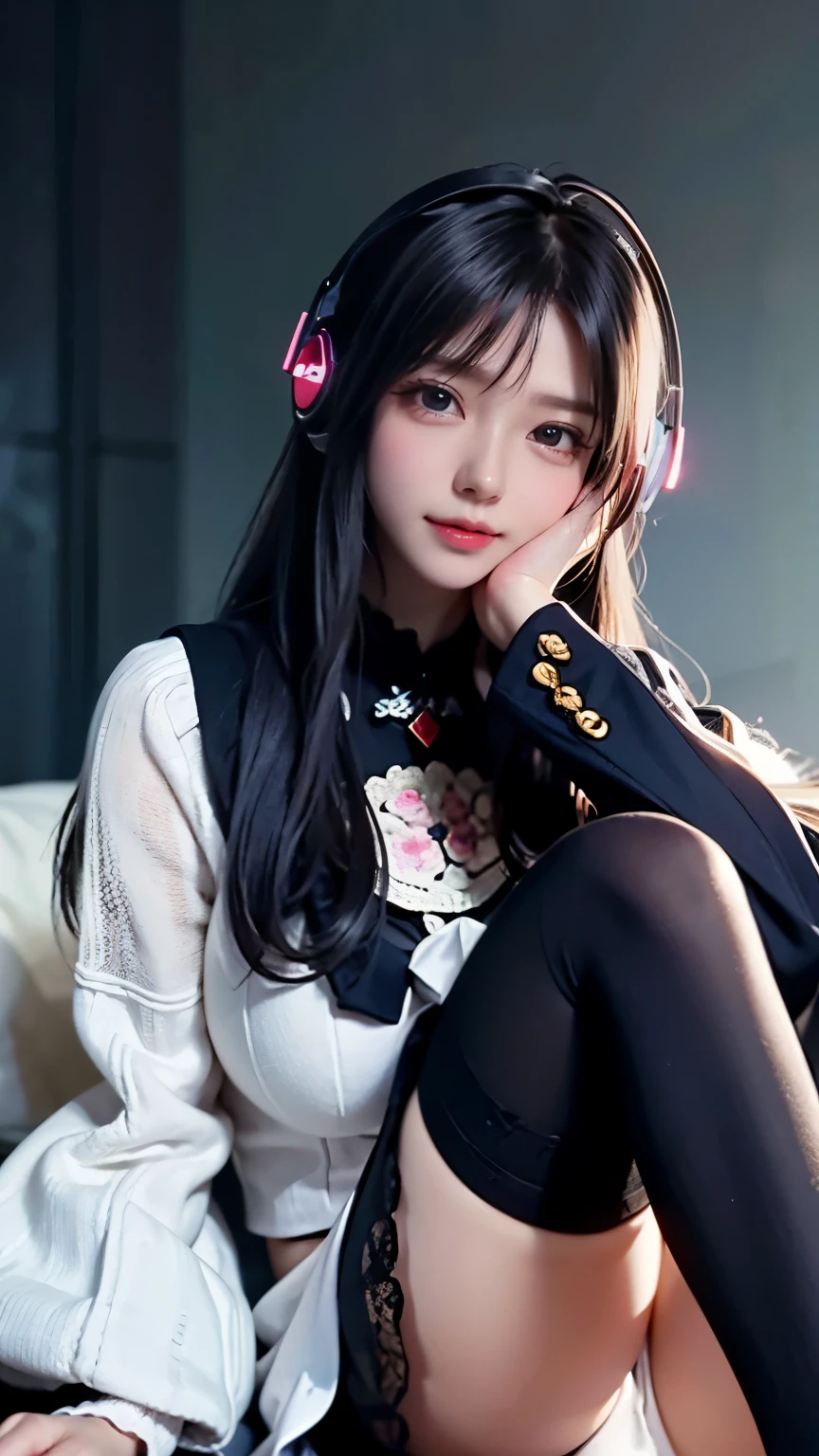 star、Supermodel、Perfect build、Muchimuchi、Three girls are looking at the viewer、girl、、Thighhighs、beautiful feet、、cyber punk、headphone、gentle smile、seen by girls、Innocent face、Military Uniform ta