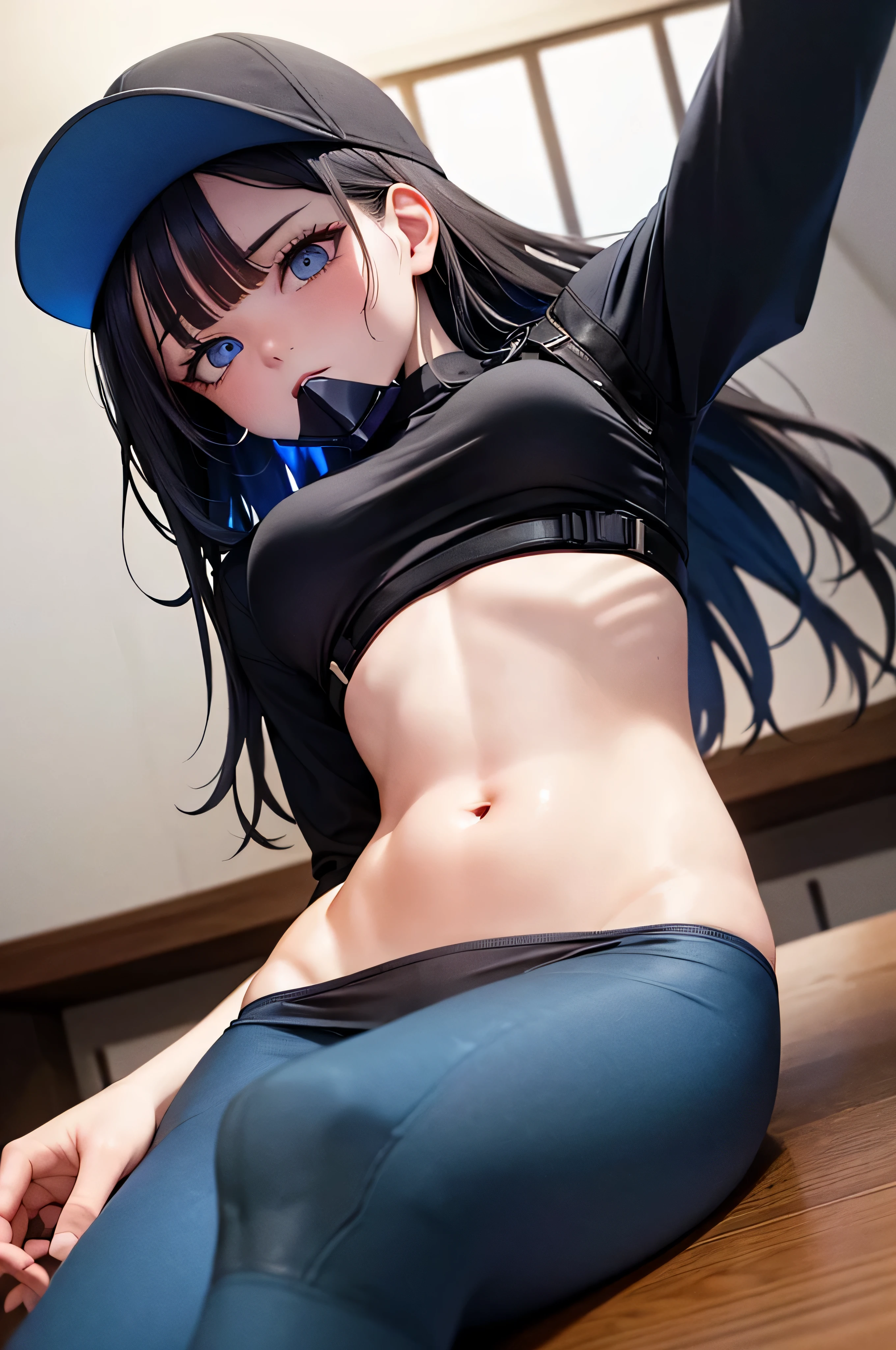 masterpiece,extremely detailed,1girl,solo,(saori \(blue archive\):1.15),(mouth mask),(sprawled on table:1.1),detailed sparkling eyes looking at camera,bedazzling eyes watching you,sexy stretch,detailed close up on abdomen,(visible hip bones),bare stomach gleaming with sweat,(zoom in on navel),exposed hips,(long midriff:1.2),extremely detailed midriff,sexy tummy,bare stomach,hands overhead,arms raised all the way up,exposed hip bones,beautiful blue eyes watching you in disappointment,(black pants pulled down below waist:1.2),black crop top,armpit,long hair,black hair,black baseball cap,halo,underboob,white background,cinematic glitter,high res,4K,high quality,trending on pixiv