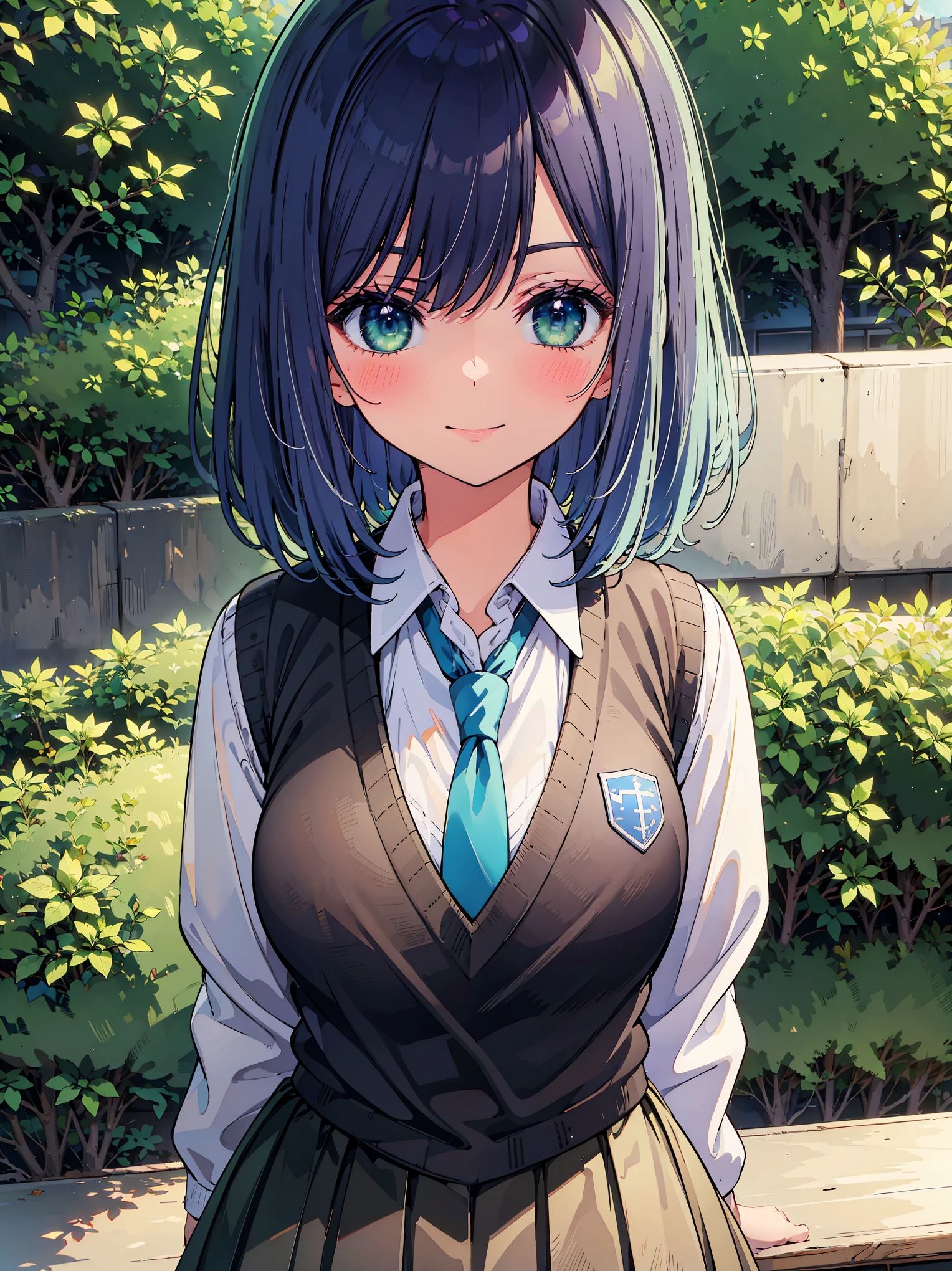 (masterpiece, highest quality:1.2), 1 girl, alone, Akane Kurokawa, 1 girl, dark blue hair, medium hair, one length bob, Added bangs to add brightness to the face, Hair ends remain thick overall. , blue eyes, green eyes, school uniform, white shirt, collared shirt, vest, white shirt, sweater vest, black vest, blue tie, gray pleated skirt, smile, In a field of colorful flowers