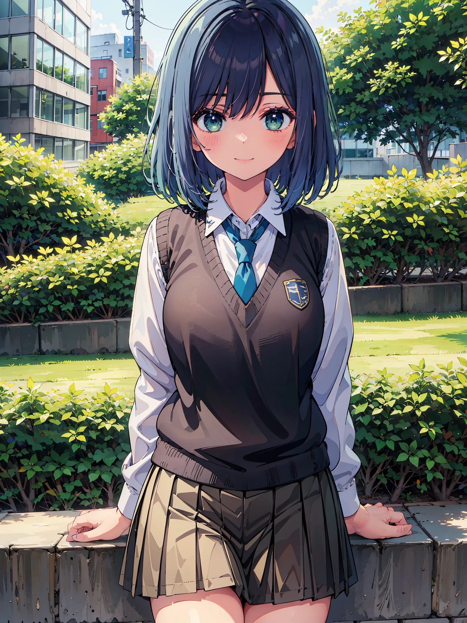 (masterpiece, highest quality:1.2), 1 girl, alone, Akane Kurokawa, 1 girl, dark blue hair, medium hair, one length bob, Added bangs to add brightness to the face, Hair ends remain thick overall. , blue eyes, green eyes, school uniform, white shirt, collared shirt, vest, white shirt, sweater vest, black vest, blue tie, gray pleated skirt, smile, In a field of colorful flowers