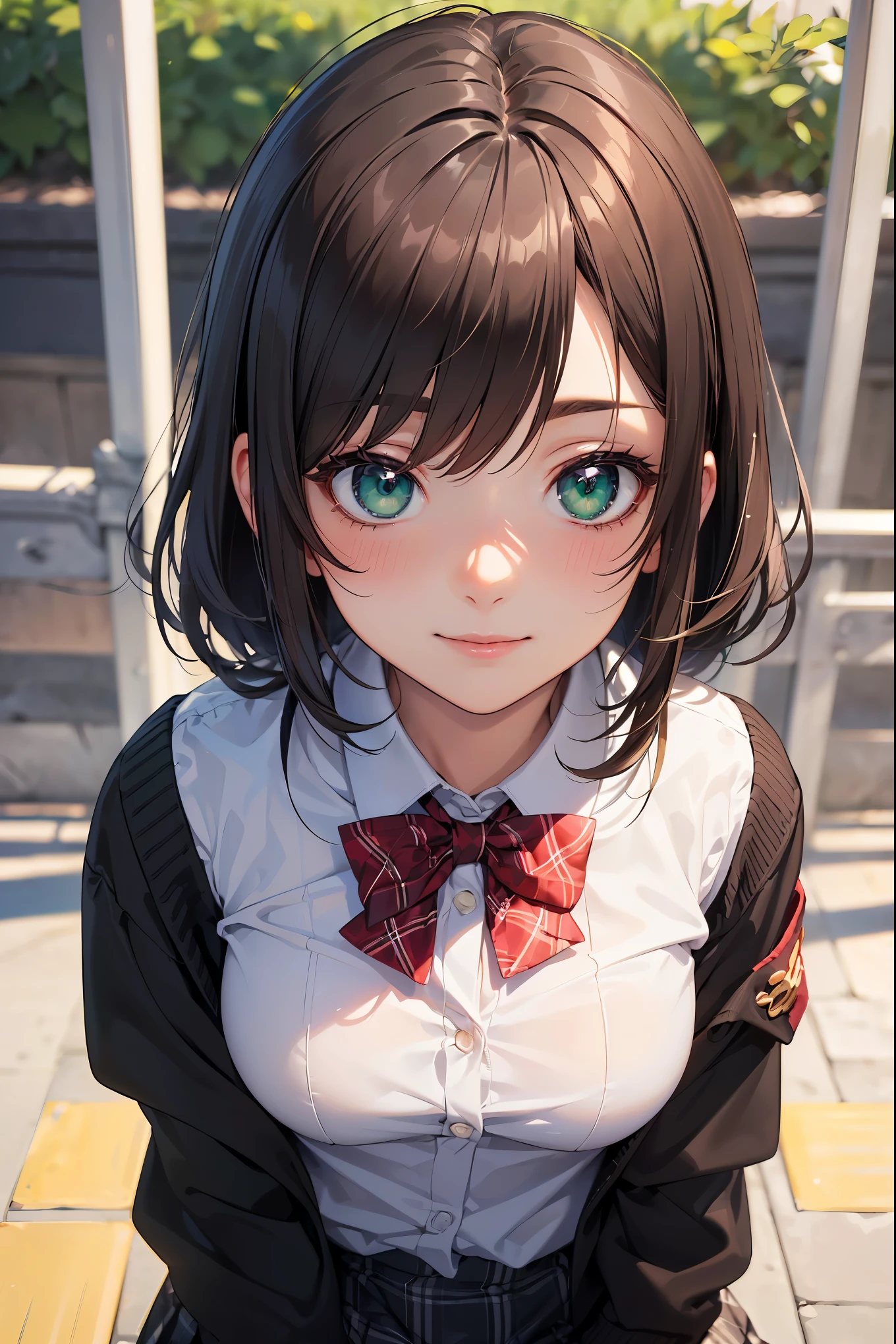 ((masterpiece, best quality, highres, UHD, perfect pixel, depth of field, 4k, RTX, HDR))), 1girl, single, solo, beautiful anime girl, beautiful artstyle, anime character, ((long hair, bangs, brown hair, curly hair:0.5)), ((green eyes:1.4, rounded eyes, beautiful eyelashes, realistic eyes)), ((detailed face, blushing:1.2)), ((smooth texture:0.75, realistic texture:0.65, photorealistic:1.1, anime CG style)), medium breasts, dynamic angle, perfect body, ((portrait, pov)), ((red bowtie, school uniform, black jacket, open jacket, brown cardigan, white shirt, black skirt, plaid skirt)), smile, hands up, amusement park