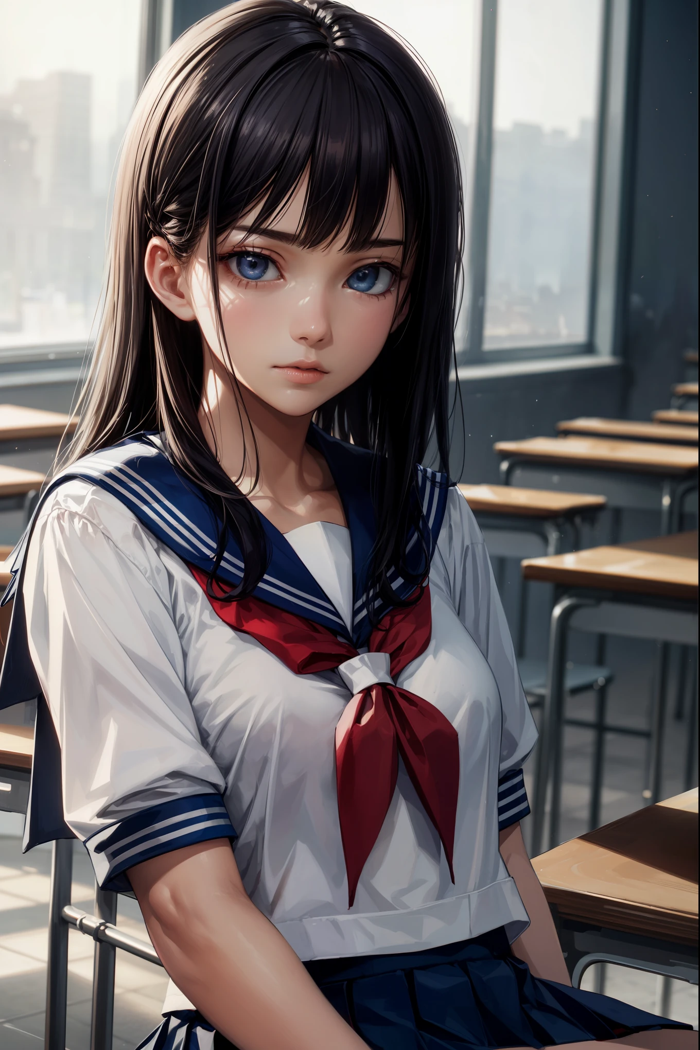 masterpiece, best quality, 8k, official art, raw photo, incredibly absurdres, beautiful girl, pretty face, (sitting, upper body, sailor uniform, serafuku,:1.2), school uniform, shirt, looking at viewer, close up, teen, classroom, bow tie, navy pleated skirt, ultra realistic, highres, photography, film grain, chromatic aberration, sharp focus, facelight, dynamic lighting, cinematic lighting, highest detailed, extreme detailed, ultra detailed, finely detail, extremely detailed eyes and face