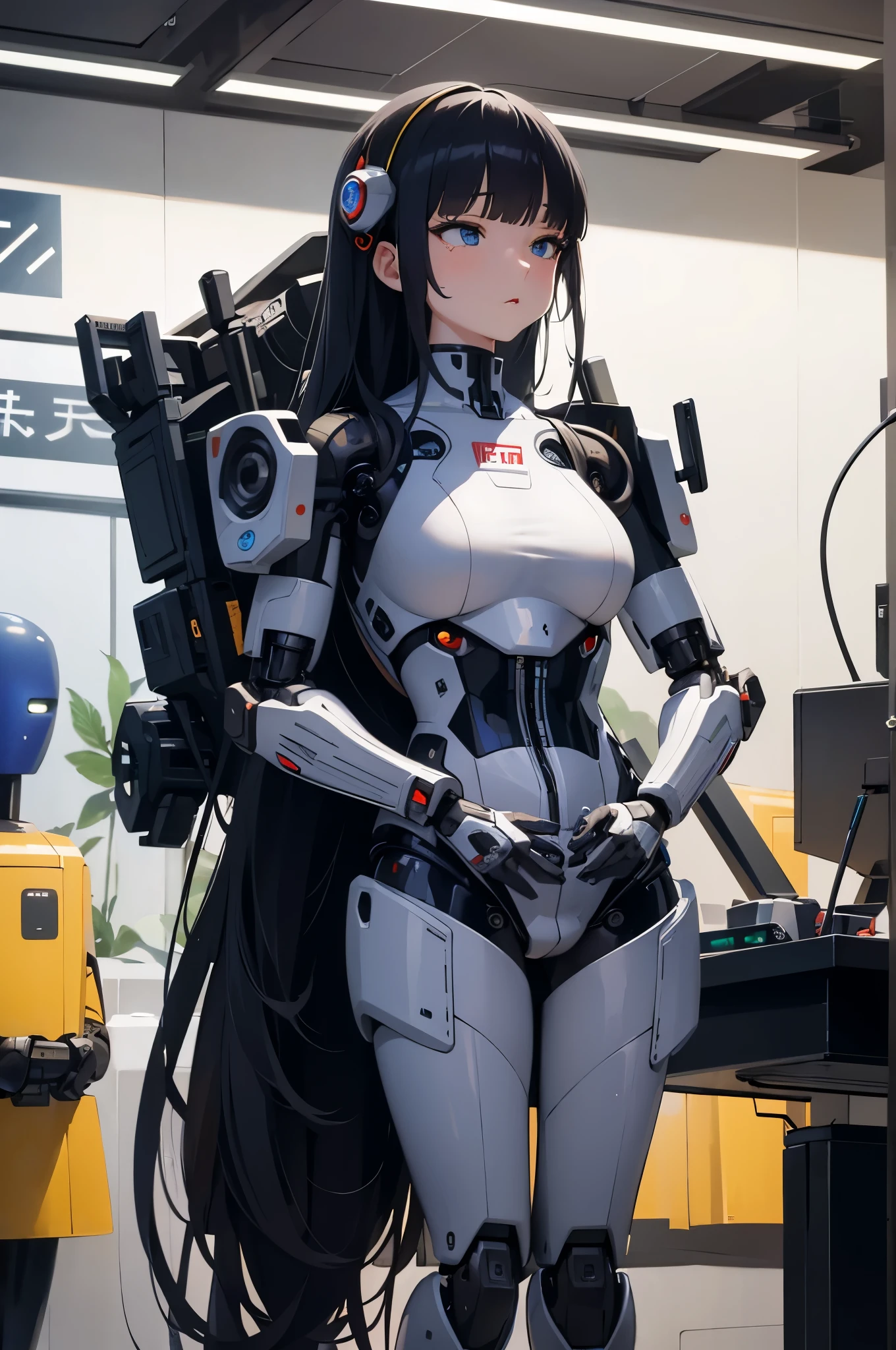 masterpiece, best quality, extremely detailed, Japaese android girls,two individuals,Plump , hug,kiss,control panels,android,Droid,Mechanical Hand, Robot arms and legs, Black hair,Blunt bangs,perfect robot girl,long tube,thick cable connected her neck,android,robot,humanoid,cyborg,japanese cyborg girl ,robot-assembly plant,She is assembled now,assembly scene,chest monitor,blue eyes