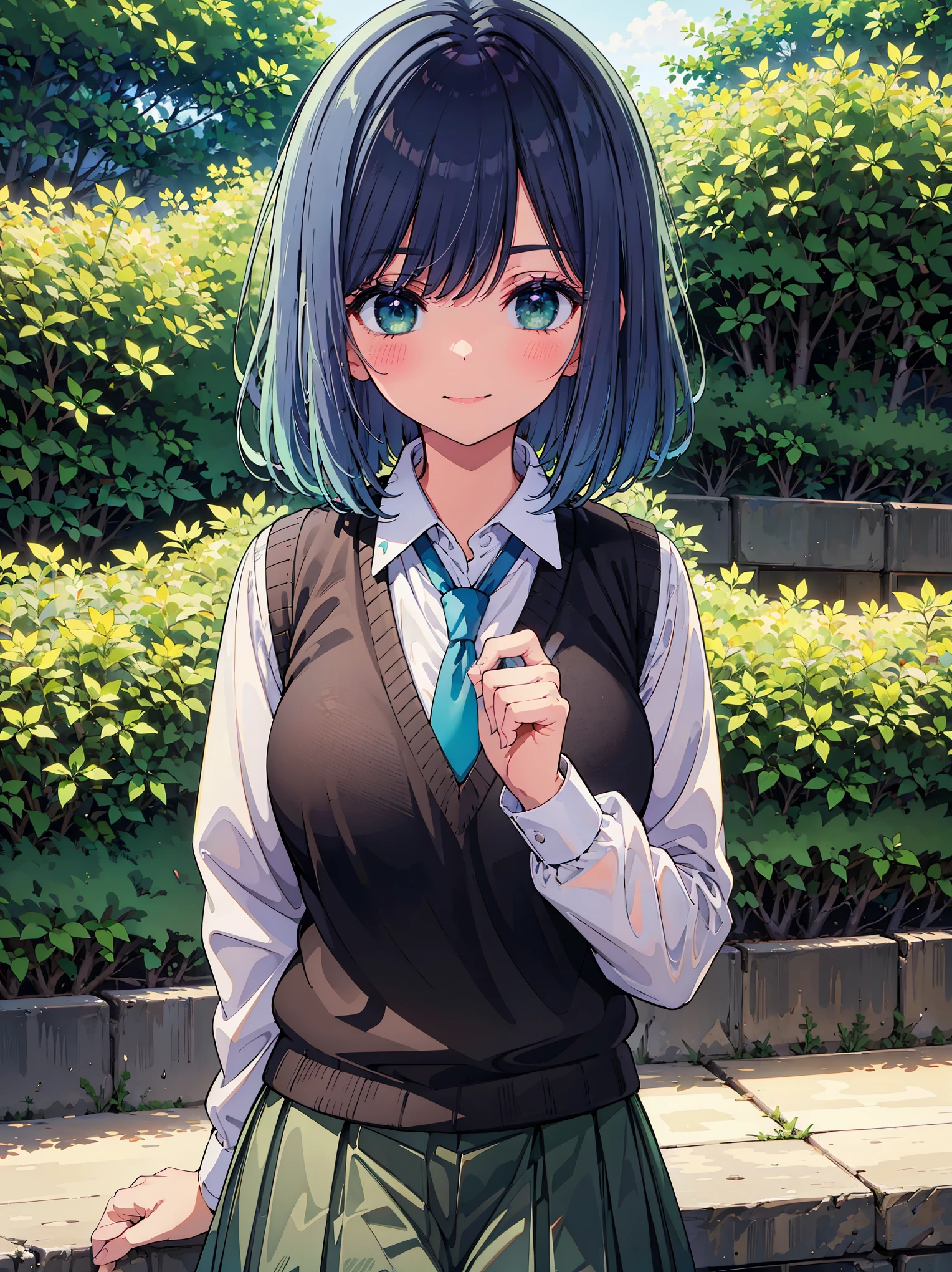 (masterpiece, highest quality:1.2), 1 girl, alone, Akane Kurokawa, 1 girl, dark blue hair, medium hair, one length bob, Added bangs to add brightness to the face, Hair ends remain thick overall. , blue eyes, green eyes, school uniform, white shirt, collared shirt, vest, white shirt, sweater vest, black vest, blue tie, gray pleated skirt, smile, In a field of colorful flowers