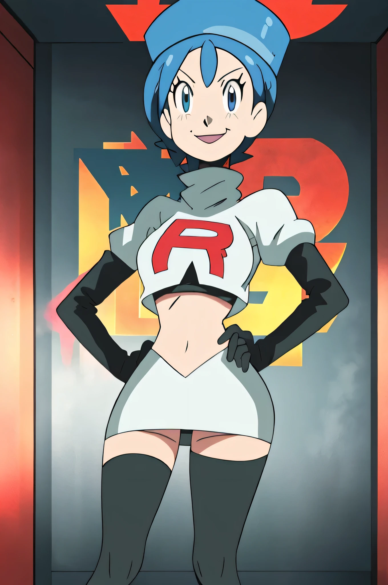 8k, anime screencap,1girl in, (solo:1.2), (perfect body:1.1), (best quality:1.1), very large breast, team rocket uniform, red letter r, white skirt,white crop top,black thigh-high boots, black elbow gloves, evil smile, looking down at viewer, hands on hips,zettai ryouiki,
