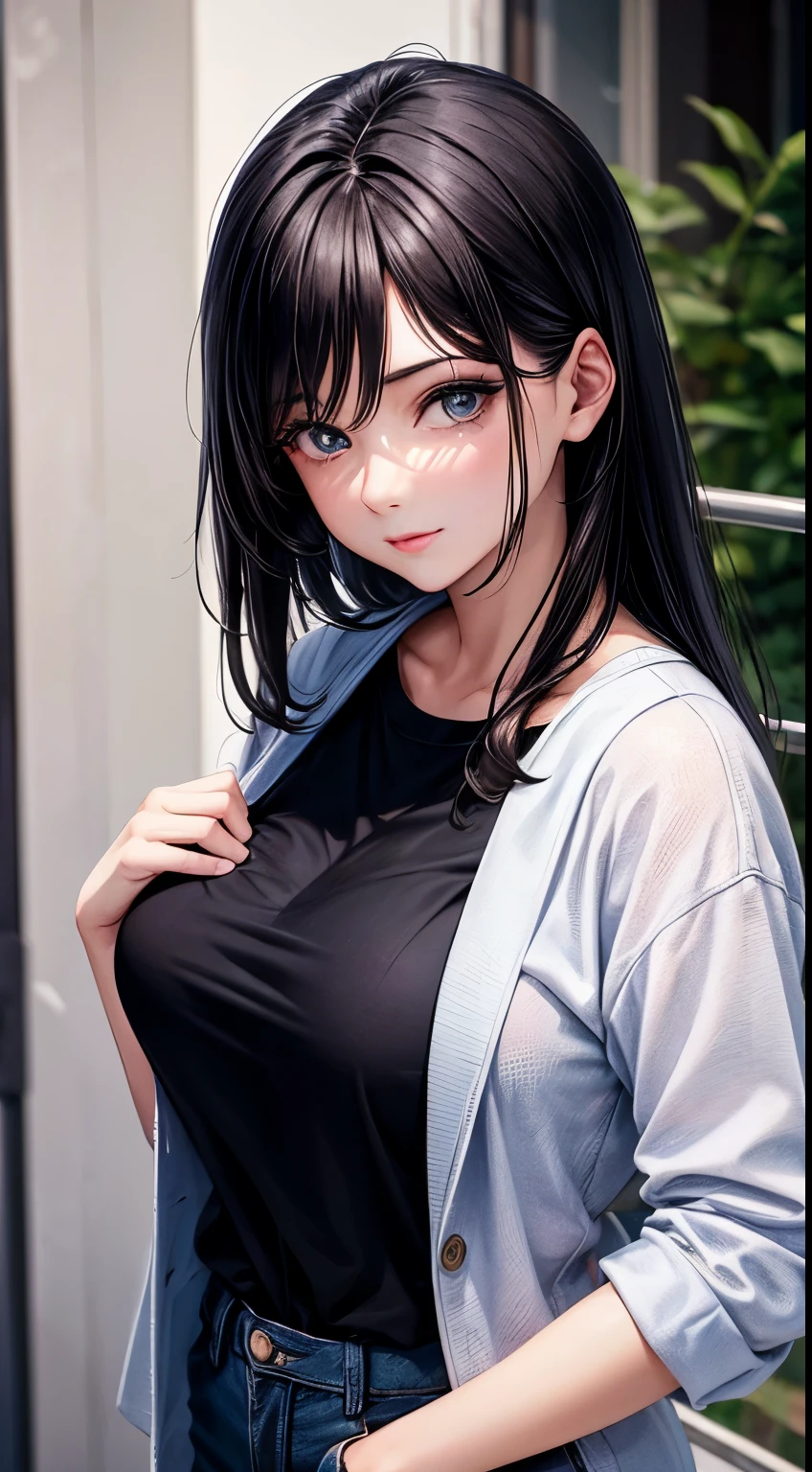 Woman, 30 years, adult, black hair, modern sexy clothes, nigth, soft ligth, face detail, from above, fingers --style realistic-imagine -