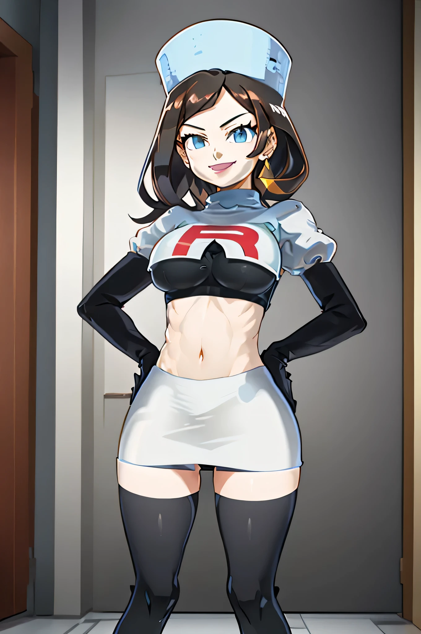 8k, anime screencap,1girl in, (solo:1.2), (perfect body:1.1), (best quality:1.1), very large breast, team rocket uniform, red letter r, white skirt,white crop top,black thigh-high boots, black elbow gloves, evil smile, looking down at viewer, hands on hips,zettai ryouiki,
