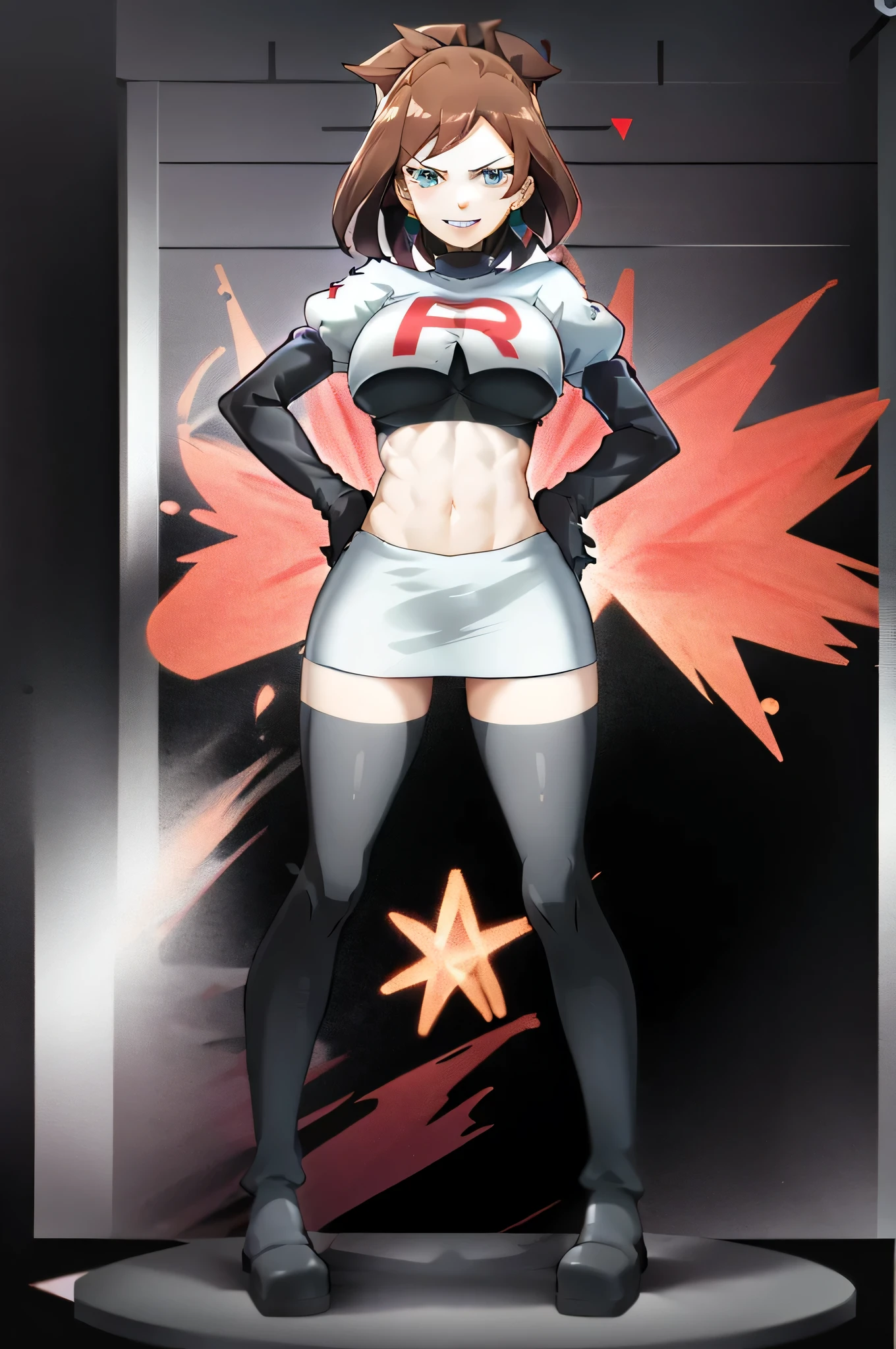 8k, anime screencap,1girl in, (solo:1.2), (perfect body:1.1), (best quality:1.1), very large breast, team rocket uniform, red letter r, white skirt,white crop top,black thigh-high boots, black elbow gloves, evil smile, looking down at viewer, hands on hips,zettai ryouiki,