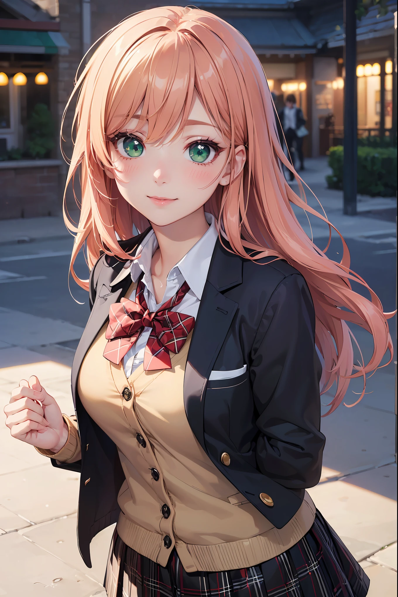 ((masterpiece, best quality, highres, UHD, perfect pixel, depth of field, 4k, RTX, HDR))), 1girl, single, solo, beautiful anime girl, beautiful artstyle, anime character, ((long hair, bangs, brown hair, curly hair:0.5)), ((green eyes:1.4, rounded eyes, beautiful eyelashes, realistic eyes)), ((detailed face, blushing:1.2)), ((smooth texture:0.75, realistic texture:0.65, photorealistic:1.1, anime CG style)), medium breasts, dynamic angle, perfect body, ((portrait, pov)), ((red bowtie, school uniform, black jacket, open jacket, brown cardigan, white shirt, black skirt, plaid skirt)), smile, hands up, amusement park