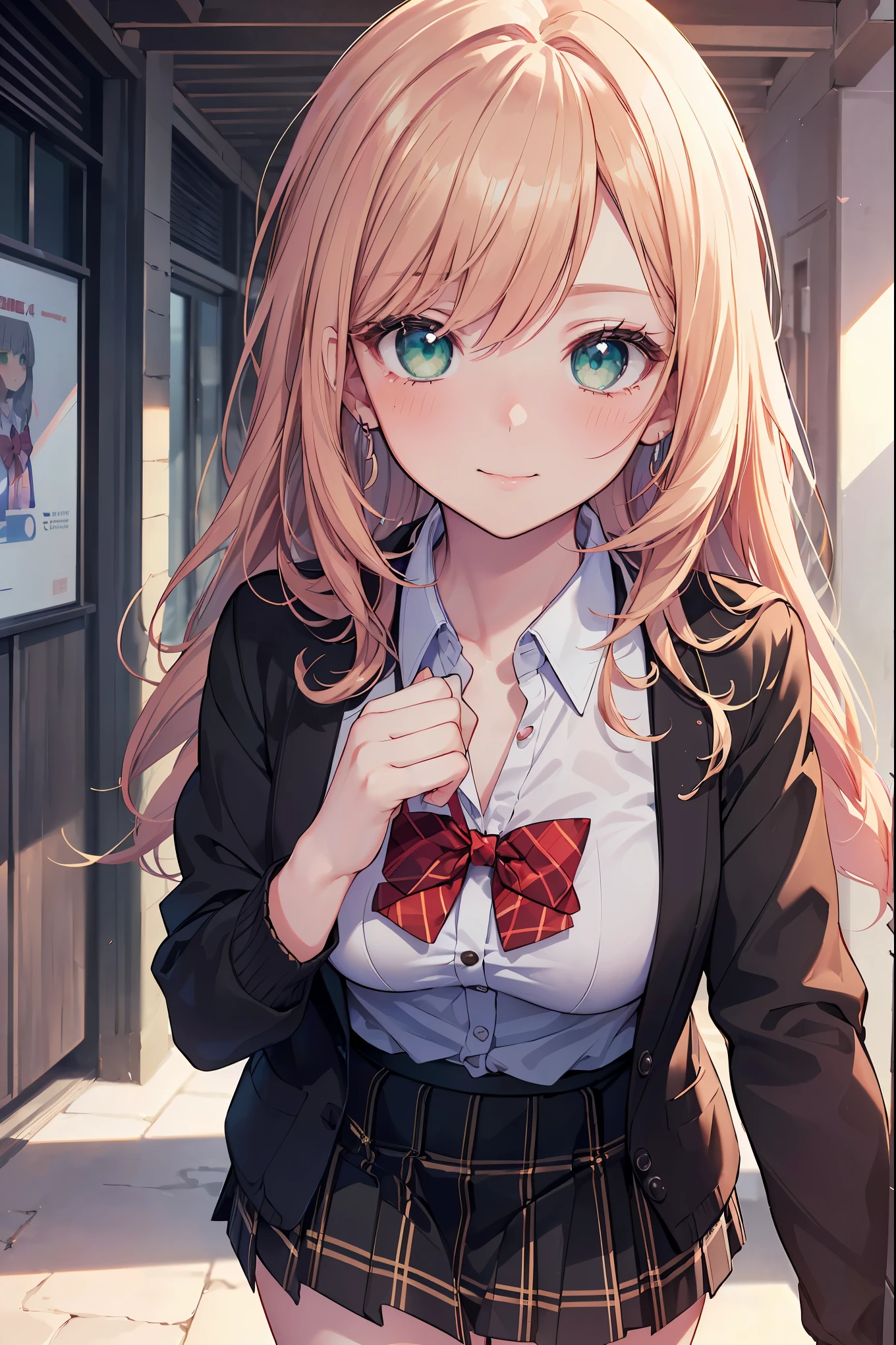 ((masterpiece, best quality, highres, UHD, perfect pixel, depth of field, 4k, RTX, HDR))), 1girl, single, solo, beautiful anime girl, beautiful artstyle, anime character, ((long hair, bangs, brown hair, curly hair:0.5)), ((green eyes:1.4, rounded eyes, beautiful eyelashes, realistic eyes)), ((detailed face, blushing:1.2)), ((smooth texture:0.75, realistic texture:0.65, photorealistic:1.1, anime CG style)), medium breasts, dynamic angle, perfect body, ((portrait, pov)), ((red bowtie, school uniform, black jacket, open jacket, brown cardigan, white shirt, black skirt, plaid skirt)), smile, hands up, amusement park