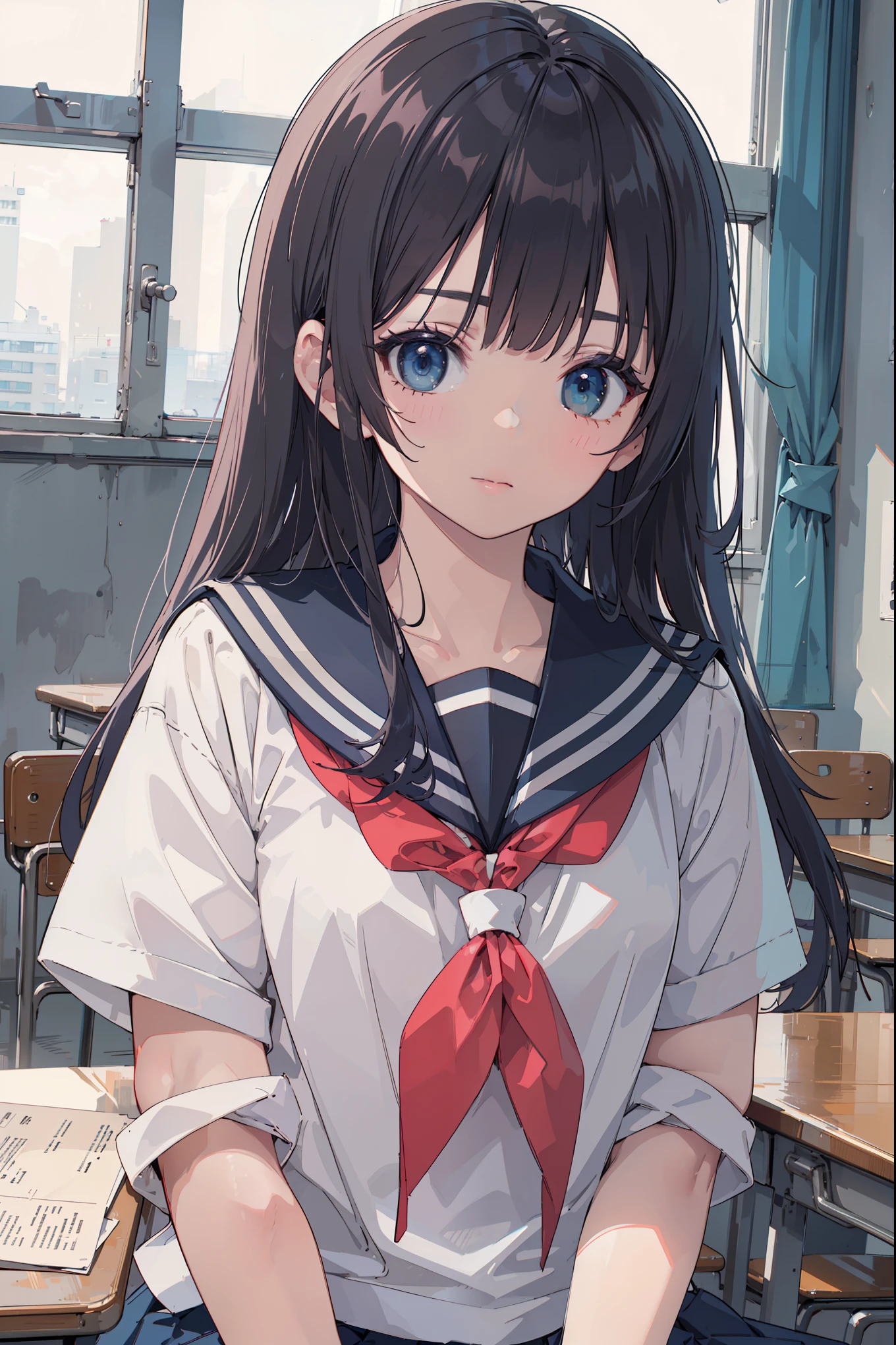 masterpiece, best quality, 8k, official art, raw photo, incredibly absurdres, beautiful girl, pretty face, (sitting, upper body, sailor uniform, serafuku,:1.2), school uniform, shirt, looking at viewer, close up, teen, classroom, bow tie, navy pleated skirt, ultra realistic, highres, photography, film grain, chromatic aberration, sharp focus, facelight, dynamic lighting, cinematic lighting, highest detailed, extreme detailed, ultra detailed, finely detail, extremely detailed eyes and face