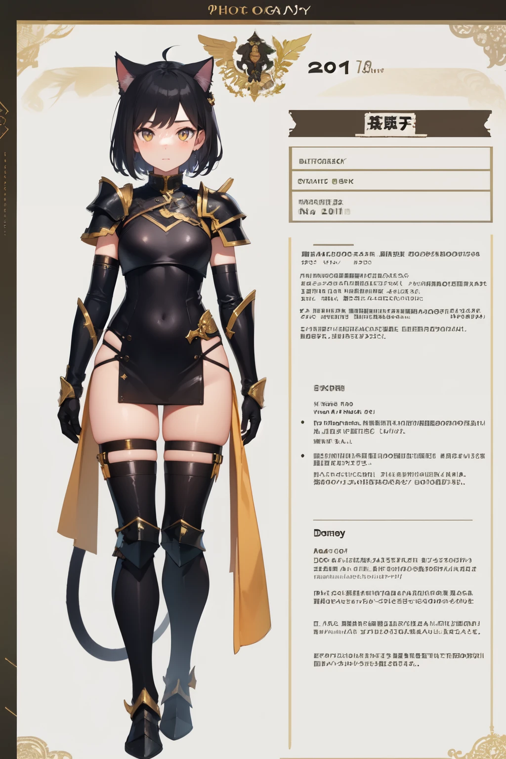 photography of a 20yo woman, perfect face, masterpiece, cat girl, neko, black hair, and gold eyes, fantasy, DND, black leather, armor, full body, character sheet