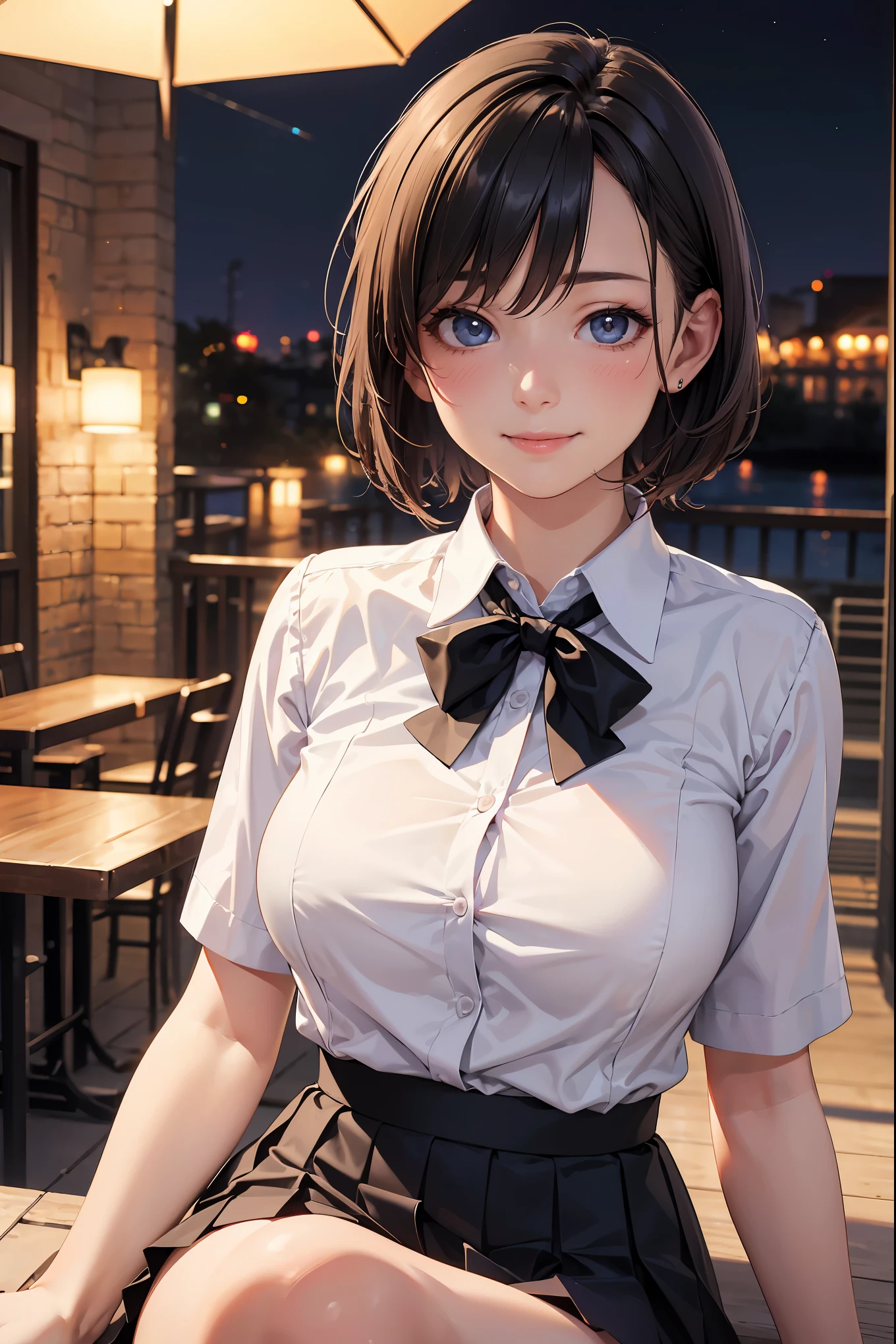(8k, RAW photo, best quality, masterpiece:1.2), (realistic, photo-realistic:1.37), ultra-detailed,
1 girl,cute, solo,beautiful detailed sky,detailed cafe,night,sitting,dating,(nose blush),(smile:1.1),(closed mouth),large breasts, seductive smile, large aparture, professional lighting, Sony A7R4, Zessie 50mm F1.8,
medium breasts,beautiful detailed eyes,(collared shirt:1.1), bowtie,pleated skirt,(short hair:1.2),floating hair 