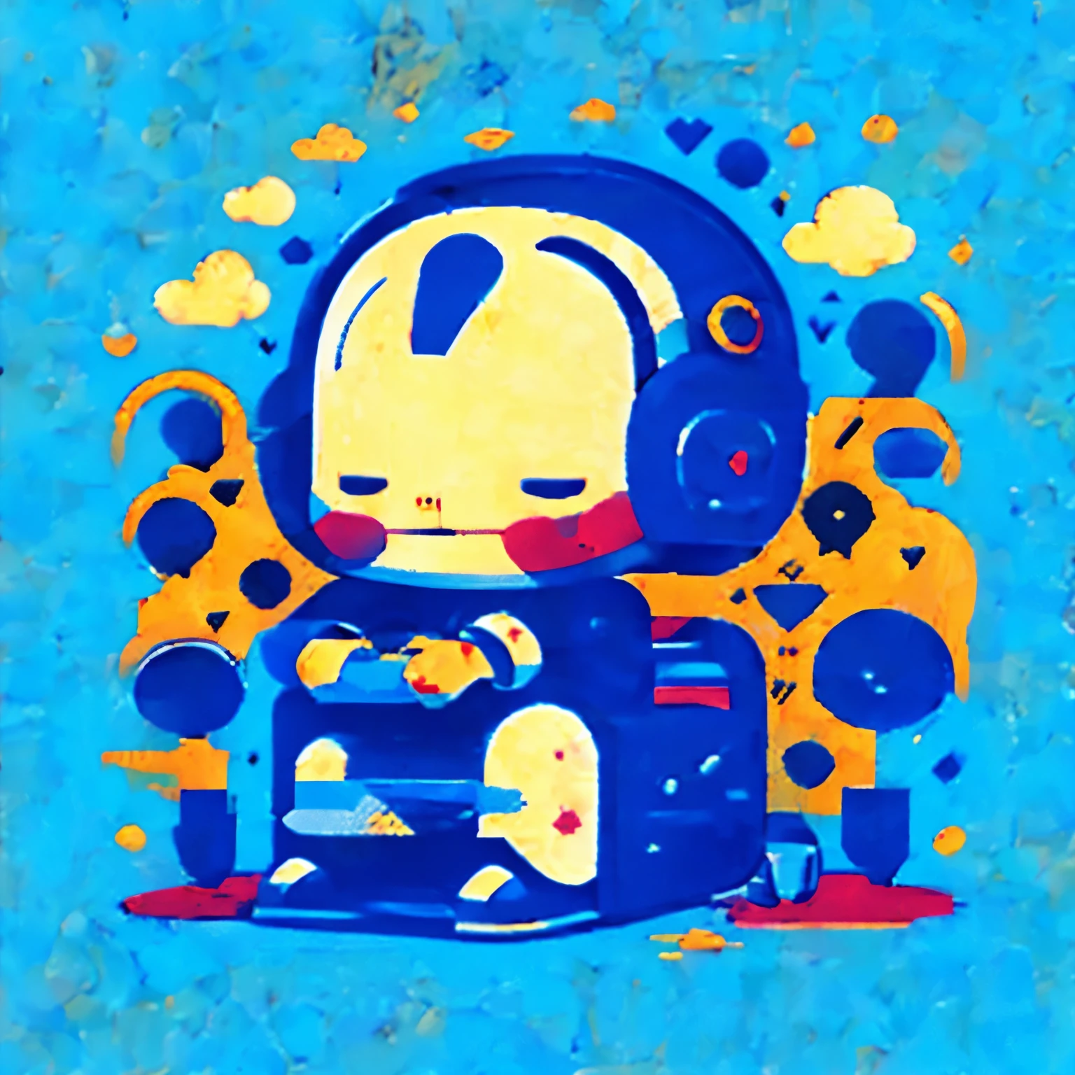 wear a face-shaped helmet short hair Sleepy face cute chibi character sit down wearing a t-shirt