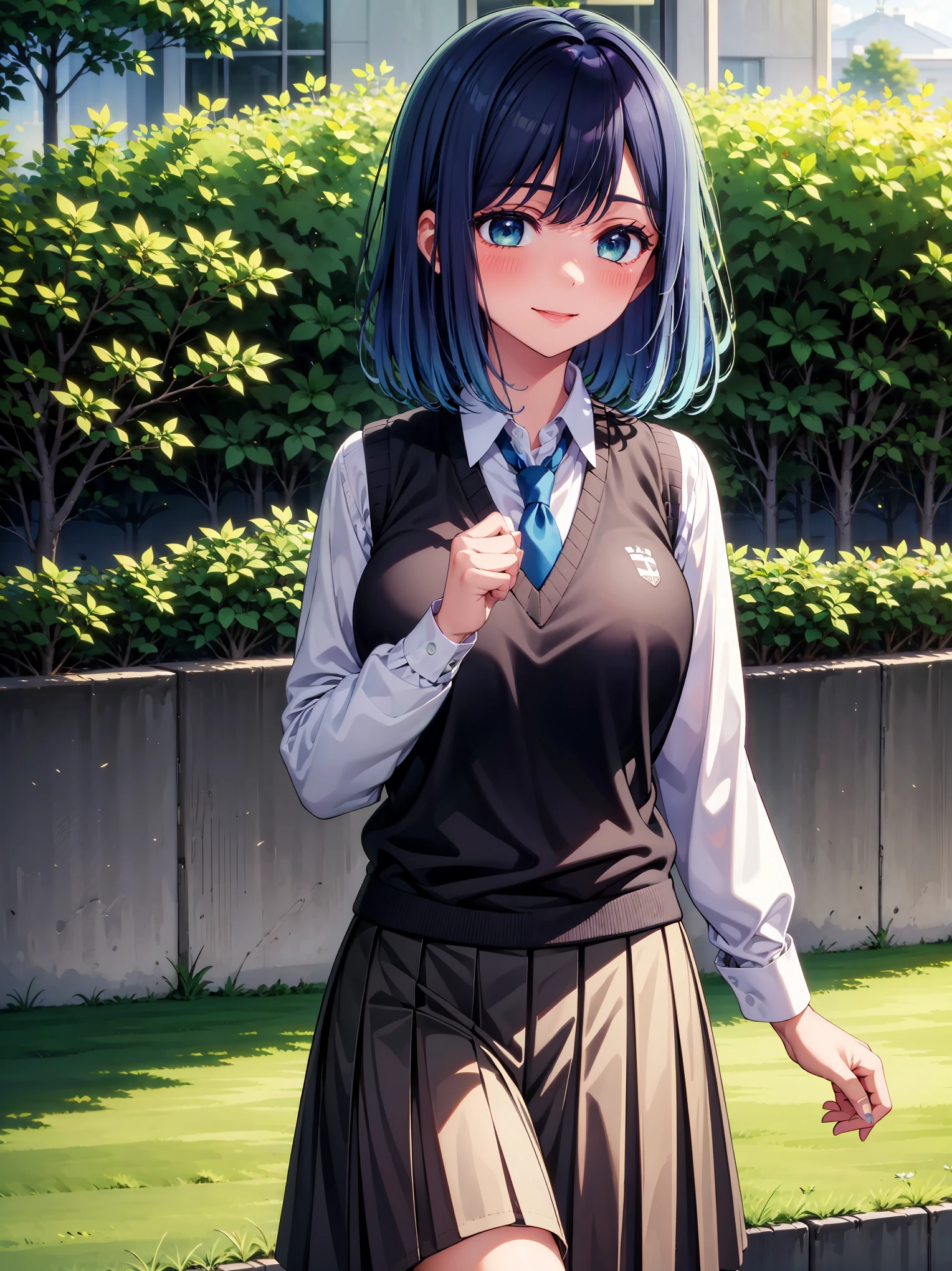 (masterpiece, highest quality:1.2), 1 girl, alone, Akane Kurokawa, 1 girl, dark blue hair, medium hair, one length bob, Added bangs to add brightness to the face, Hair ends remain thick overall. , blue eyes, green eyes, school uniform, white shirt, collared shirt, vest, white shirt, sweater vest, black vest, blue tie, gray pleated skirt, smile, In a field of colorful flowers