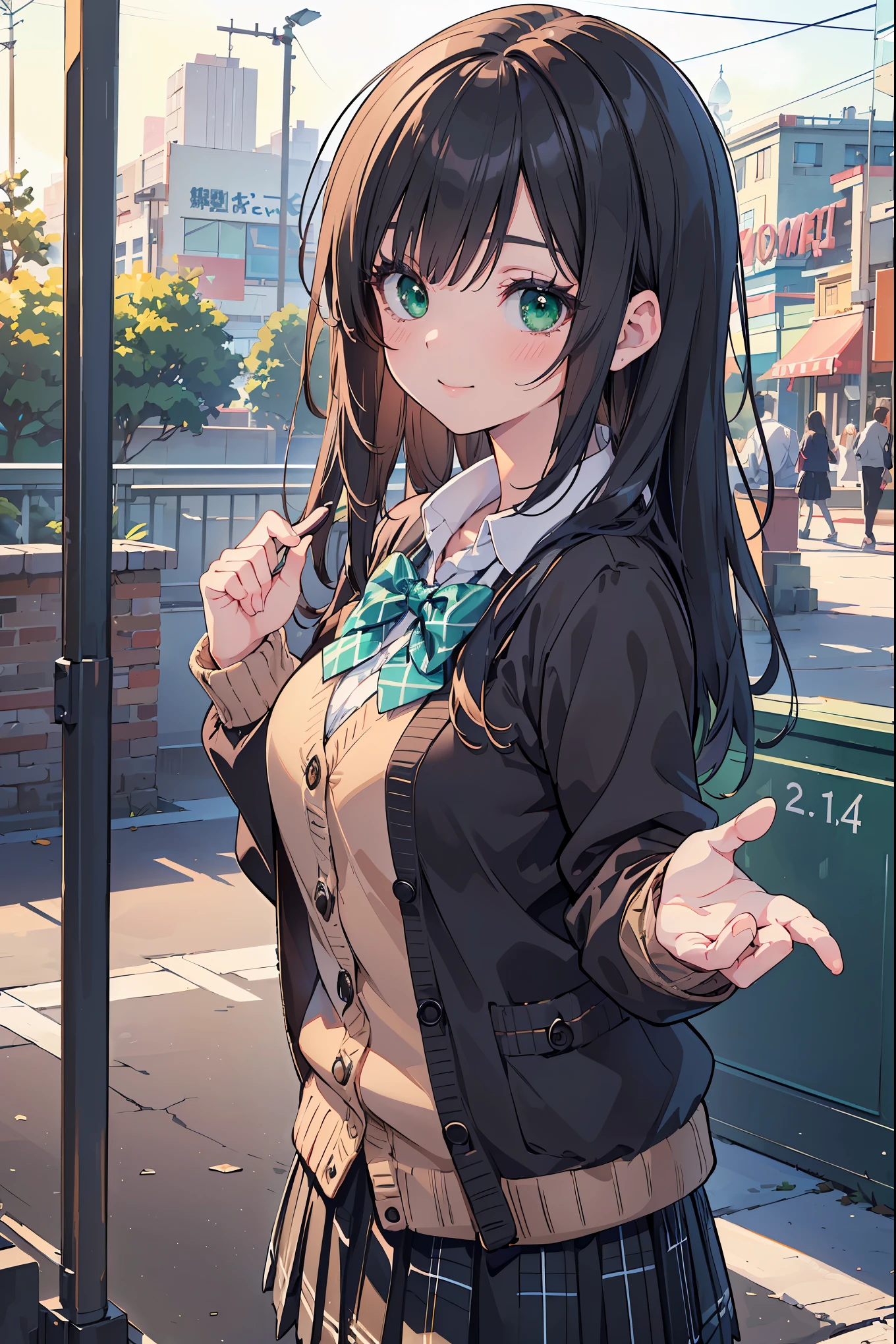 ((masterpiece, best quality, highres, UHD, perfect pixel, depth of field, 4k, RTX, HDR))), 1girl, single, solo, beautiful anime girl, beautiful artstyle, anime character, ((long hair, bangs, brown hair, curly hair:0.5)), ((green eyes:1.4, rounded eyes, beautiful eyelashes, realistic eyes)), ((detailed face, blushing:1.2)), ((smooth texture:0.75, realistic texture:0.65, photorealistic:1.1, anime CG style)), medium breasts, dynamic angle, perfect body, ((portrait, pov)), ((red bowtie, school uniform, black jacket, open jacket, brown cardigan, white shirt, black skirt, plaid skirt)), smile, hands up, amusement park