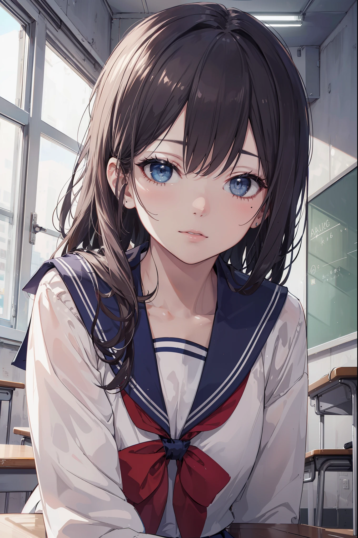masterpiece, best quality, 8k, official art, raw photo, incredibly absurdres, beautiful girl, pretty face, (sitting, upper body, sailor uniform, serafuku,:1.2), school uniform, shirt, looking at viewer, close up, teen, classroom, bow tie, navy pleated skirt, ultra realistic, highres, photography, film grain, chromatic aberration, sharp focus, facelight, dynamic lighting, cinematic lighting, highest detailed, extreme detailed, ultra detailed, finely detail, extremely detailed eyes and face