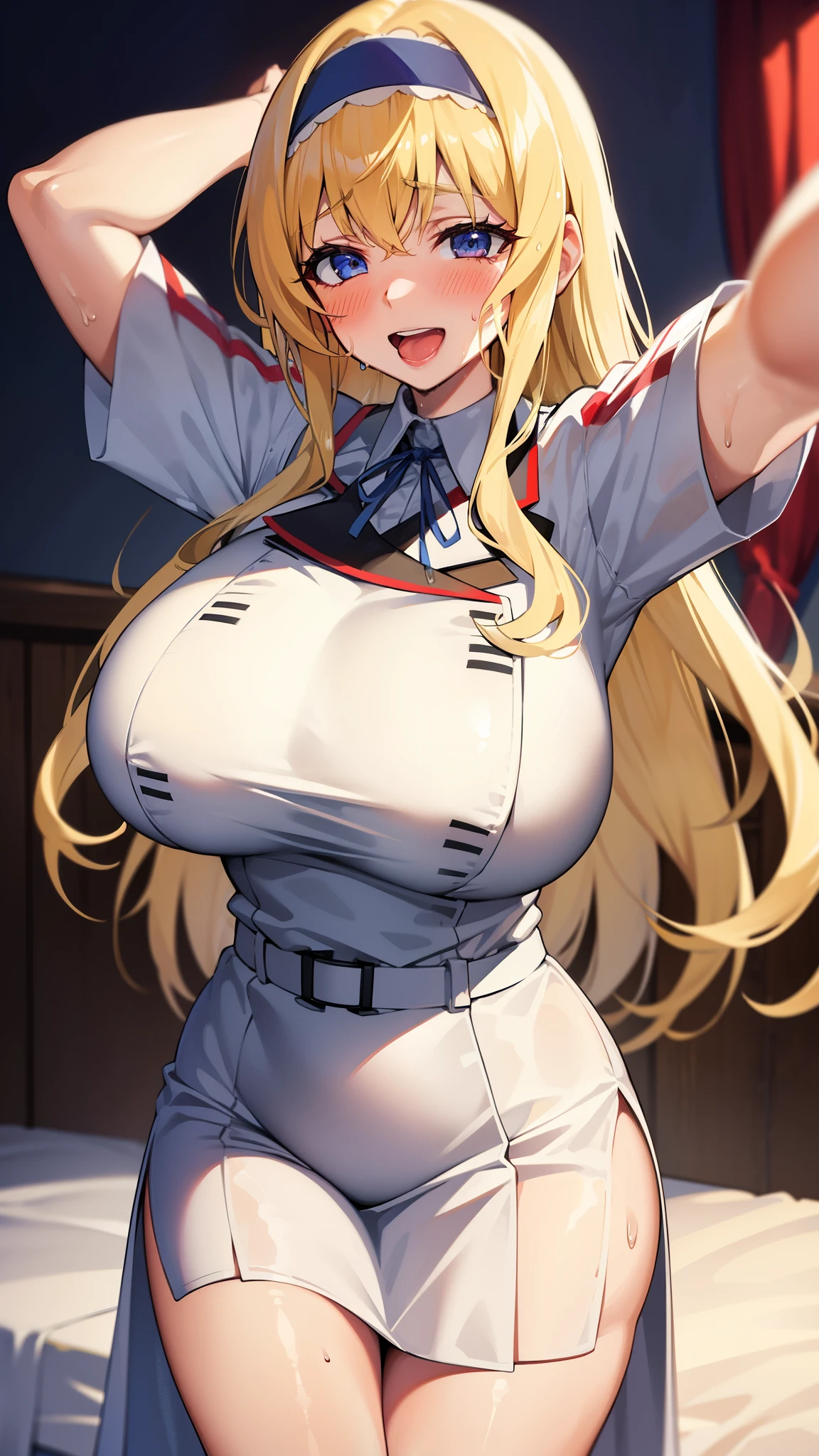 huge breasts,, , solo, ,open mouth,cowboy shot,smile,wide hips,sweat body,wet body,long hair,hair band,blonde hair,,orgasm,ahegao,blush,standing,open arms,on bed,white uniform,long skirt