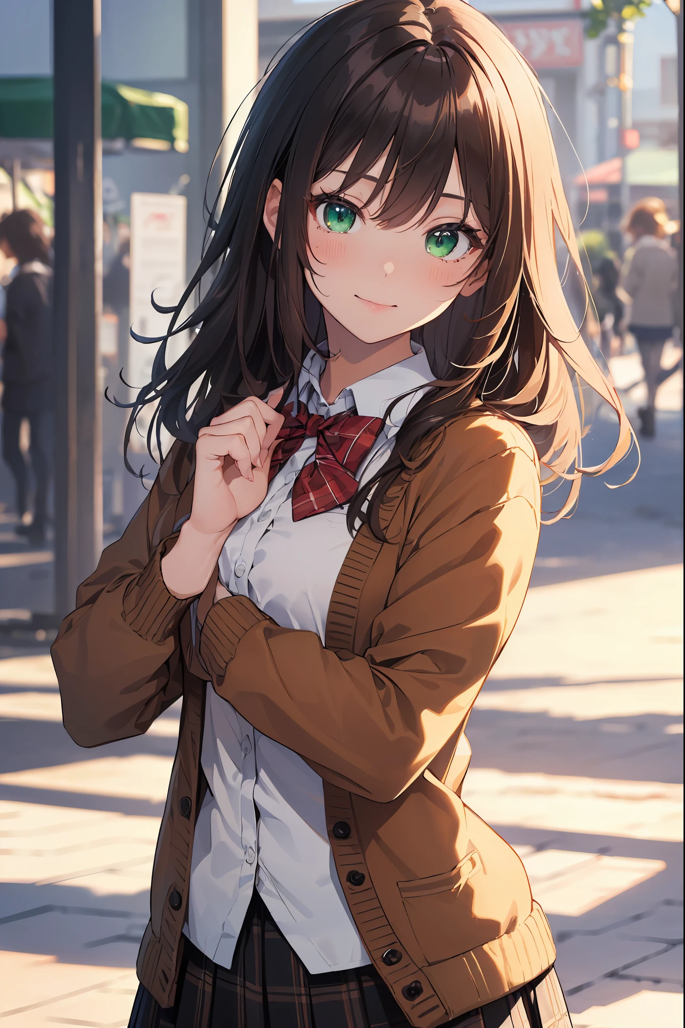 ((masterpiece, best quality, highres, UHD, perfect pixel, depth of field, 4k, RTX, HDR))), 1girl, single, solo, beautiful anime girl, beautiful artstyle, anime character, ((long hair, bangs, brown hair, curly hair:0.5)), ((green eyes:1.4, rounded eyes, beautiful eyelashes, realistic eyes)), ((detailed face, blushing:1.2)), ((smooth texture:0.75, realistic texture:0.65, photorealistic:1.1, anime CG style)), medium breasts, dynamic angle, perfect body, ((portrait, pov)), ((red bowtie, school uniform, black jacket, open jacket, brown cardigan, white shirt, black skirt, plaid skirt)), smile, hands up, amusement park