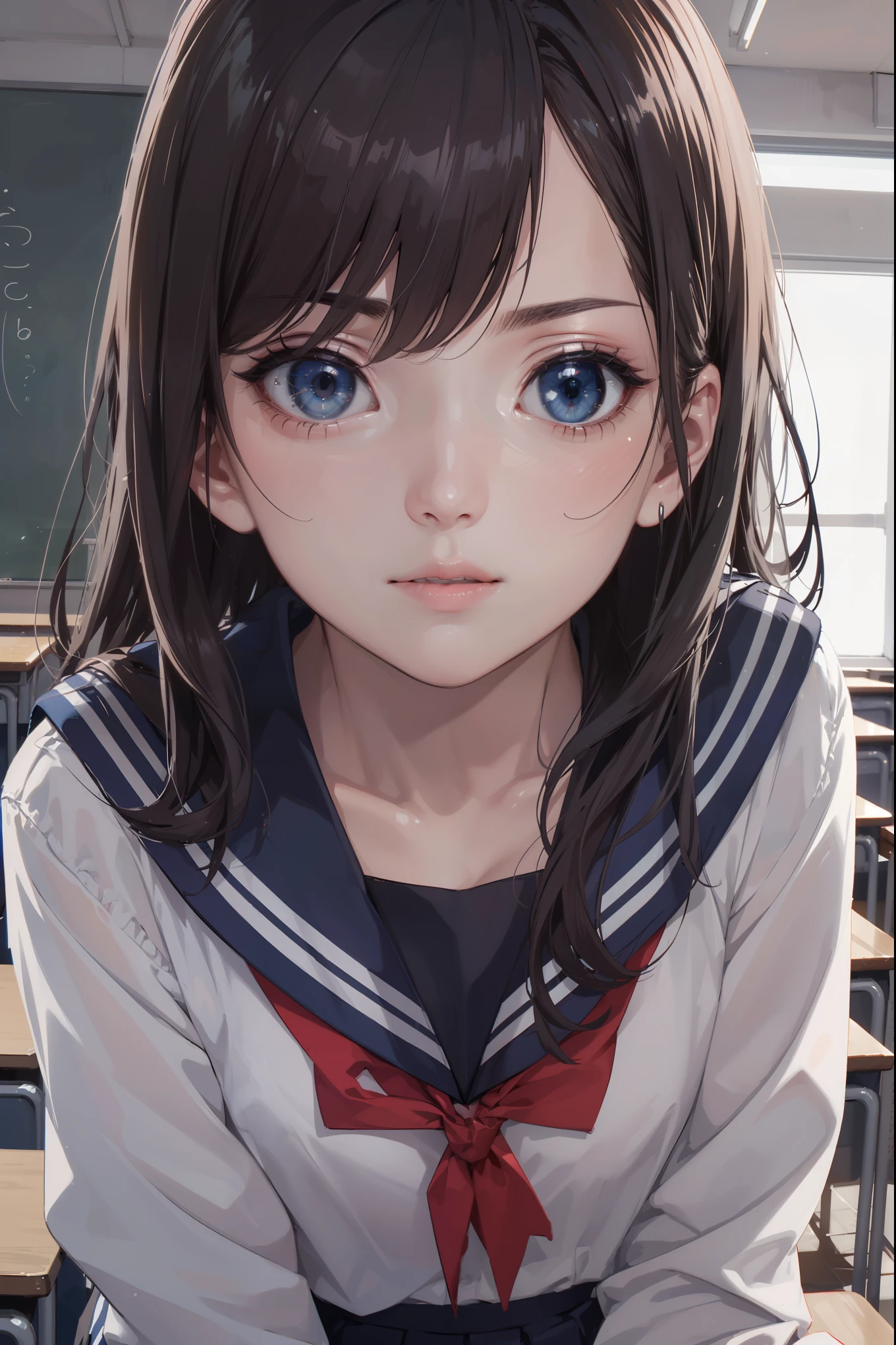 masterpiece, best quality, 8k, official art, raw photo, incredibly absurdres, beautiful girl, pretty face, (sitting, upper body, sailor uniform, serafuku,:1.2), school uniform, shirt, looking at viewer, close up, teen, classroom, bow tie, navy pleated skirt, ultra realistic, highres, photography, film grain, chromatic aberration, sharp focus, facelight, dynamic lighting, cinematic lighting, highest detailed, extreme detailed, ultra detailed, finely detail, extremely detailed eyes and face