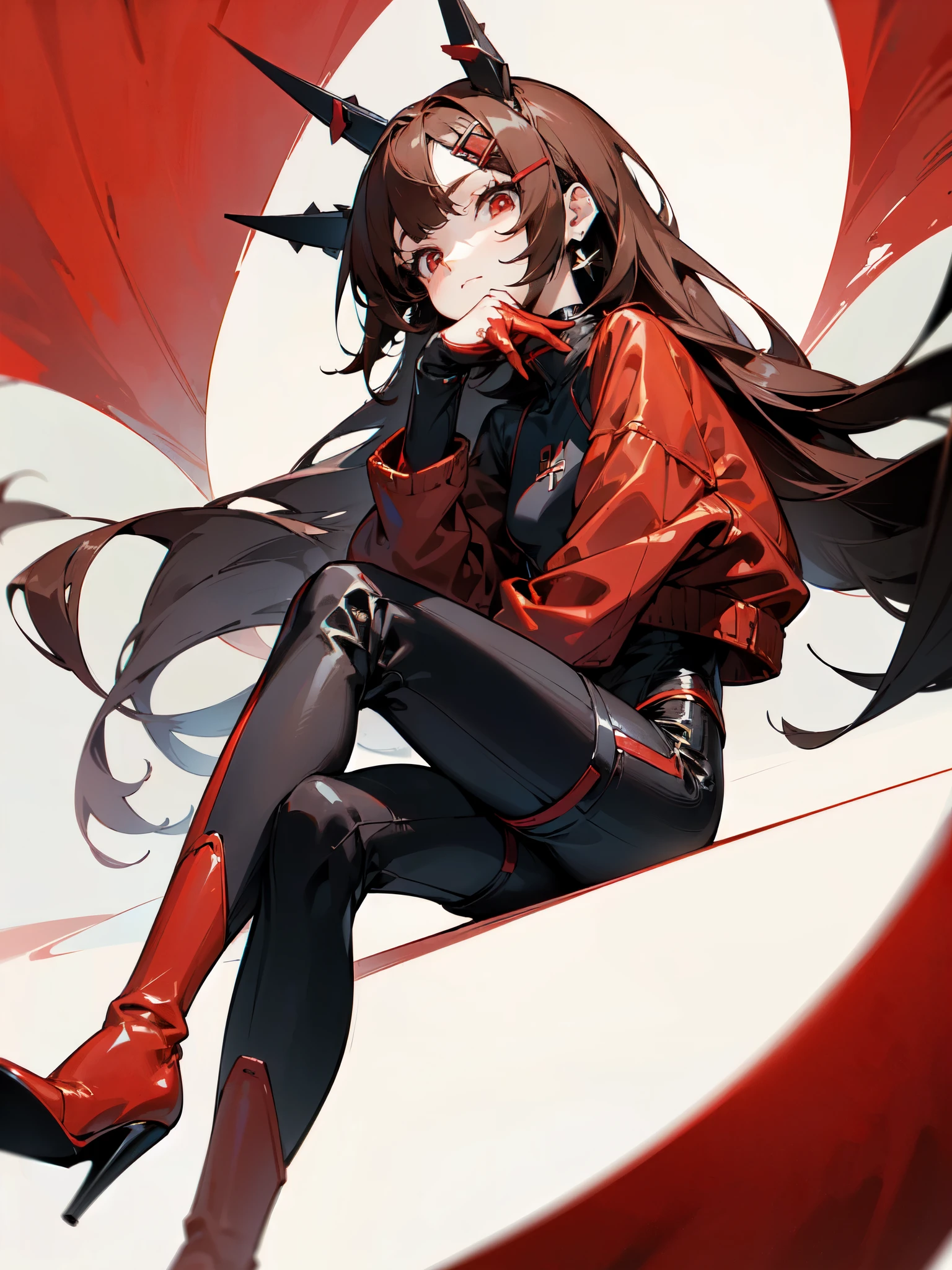 "Crimson coat, white and black shirt, black gloves, black shorts, gray thigh highs, and black boots. Dark brown hair, red glasses, orange eyes. Masterpiece, best quality, high resolution."