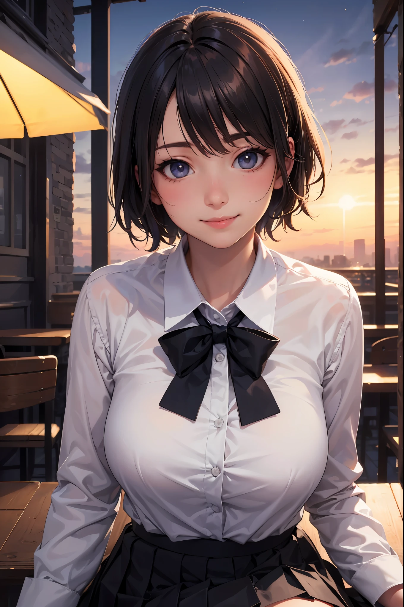 (8k, RAW photo, best quality, masterpiece:1.2), (realistic, photo-realistic:1.37), ultra-detailed,
1 girl,cute, solo,beautiful detailed sky,detailed cafe,night,sitting,dating,(nose blush),(smile:1.1),(closed mouth),large breasts, seductive smile, large aparture, professional lighting, Sony A7R4, Zessie 50mm F1.8,
medium breasts,beautiful detailed eyes,(collared shirt:1.1), bowtie,pleated skirt,(short hair:1.2),floating hair