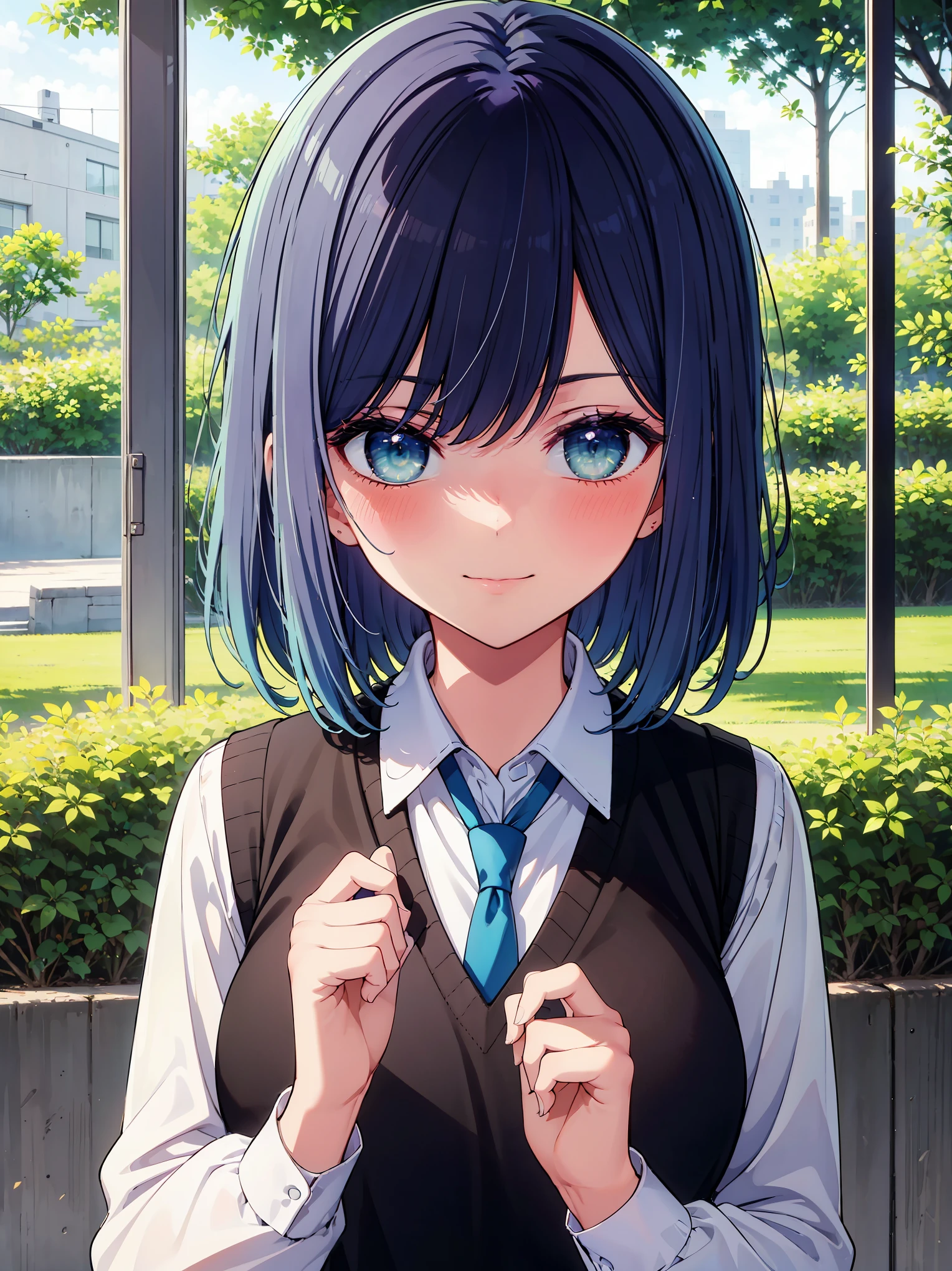 (masterpiece, highest quality:1.2), 1 girl, alone, Akane Kurokawa, 1 girl, dark blue hair, medium hair, one length bob, Added bangs to add brightness to the face, Hair ends remain thick overall. , blue eyes, green eyes, school uniform, white shirt, collared shirt, vest, white shirt, sweater vest, black vest, blue tie, gray pleated skirt, smile, In a field of colorful flowers