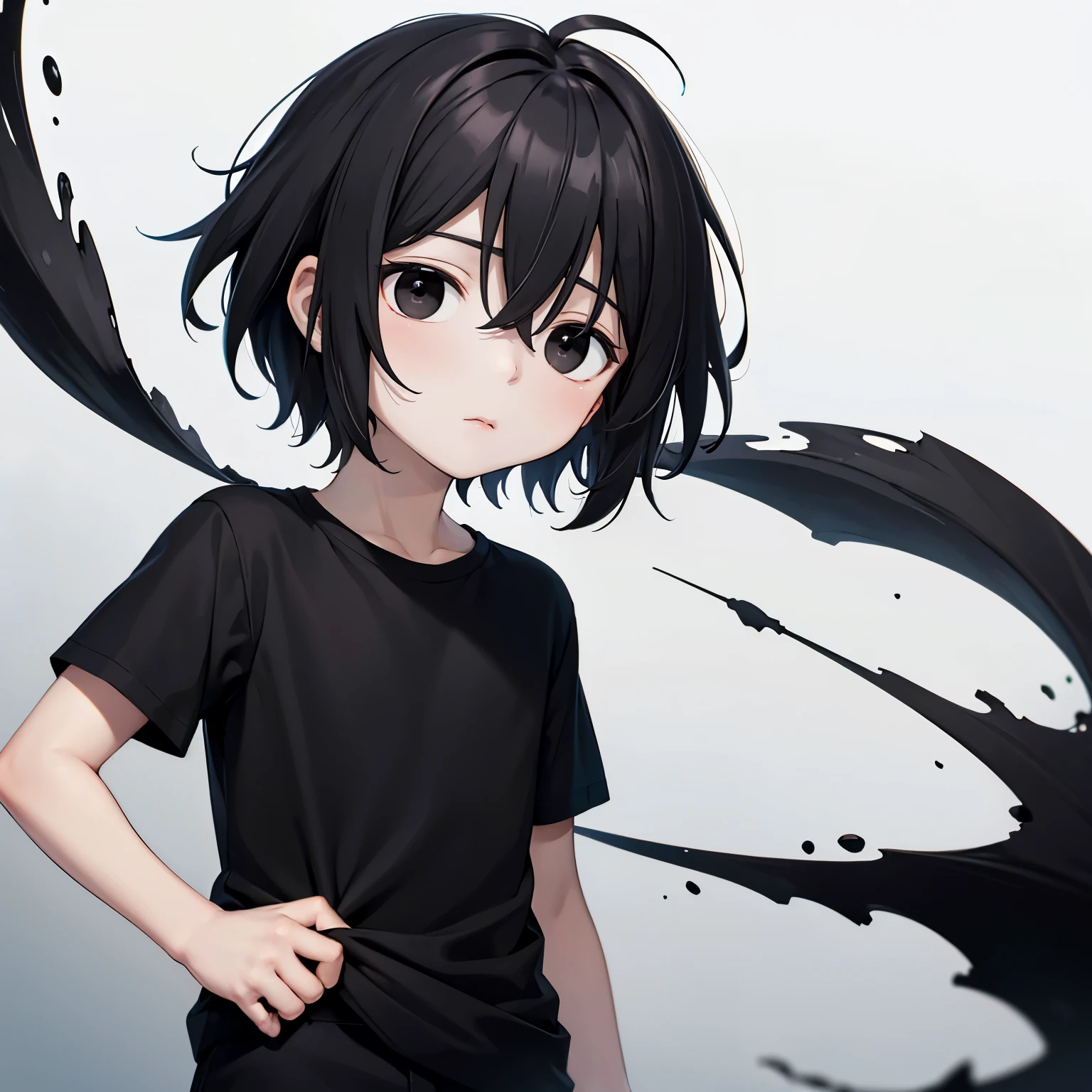 Black hair, grey skin, shota, boy, short hair, black shirt, black pants, black eyes, completely black eyes, short, kuudere, expressionless, emotionless, white background