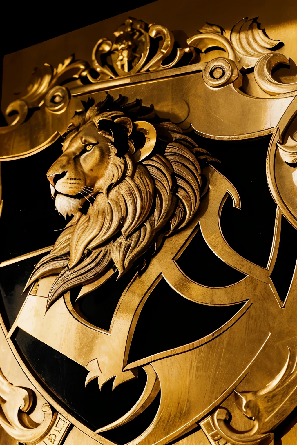 Create a realistic version of a company logo, conveying an image of elegance and power. The logo must incorporate a lion, um escudo e uma coroa, all superimposed in a coat of arms style. Highlight the lion with realistic black details, a coroa em amarelo e o escudo em vermelho. Ensure composition is refined, capturing the essence of a modern and imposing coat of arms. Enter coloring, the shield will be red
