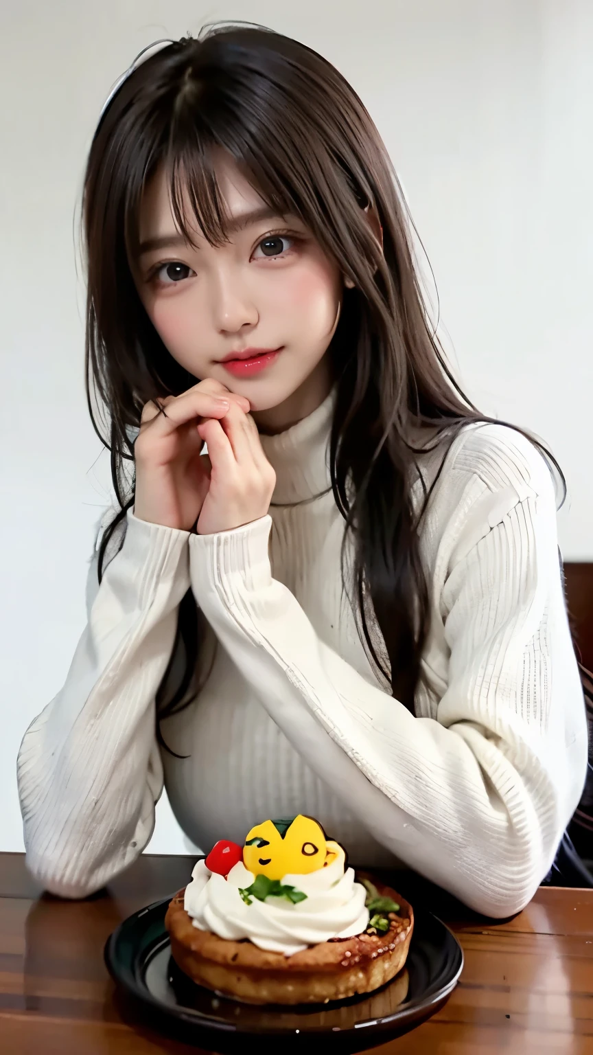 highest quality, masterpiece, Kiri Light Mash, alone, 1 girl, black eye, White Turtleneck Shirt, (Little: 0.6), Bright redhead, sticker, Emoji, cute, white background, ((Making food))