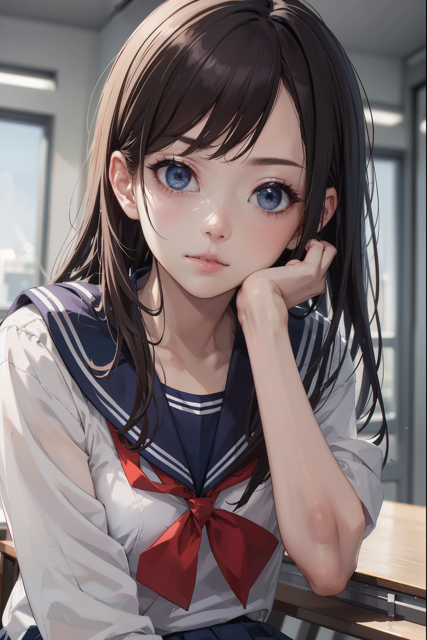 masterpiece, best quality, 8k, official art, raw photo, incredibly absurdres, beautiful girl, pretty face, (sitting, upper body, sailor uniform, serafuku,:1.2), school uniform, shirt, looking at viewer, close up, , classroom, bow tie, navy pleated skirt, ultra realistic, highres, photography, film grain, chromatic aberration, sharp focus, facelight, dynamic lighting, cinematic lighting, highest detailed, extreme detailed, ultra detailed, finely detail, extremely detailed eyes and face