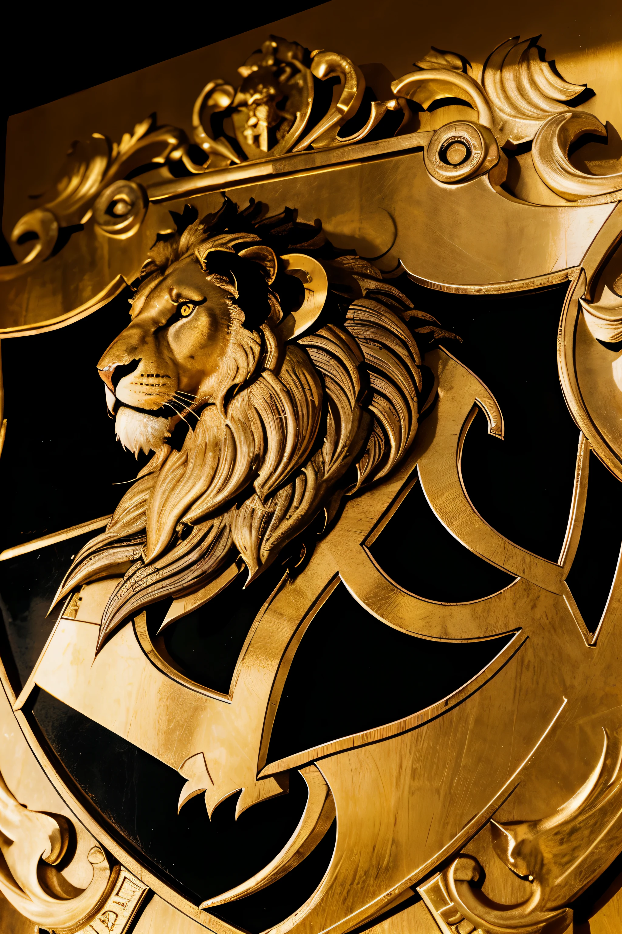 Create a realistic version of a company logo, conveying an image of elegance and power. The logo must incorporate a lion, um escudo e uma coroa, everything superimposed in coat of arms style. Highlight the lion with realistic black details, a coroa em amarelo e o escudo em vermelho. Make sure the composition is refined, capturing the essence of a modern and imposing coat of arms. Enter coloring, the shield will turn red