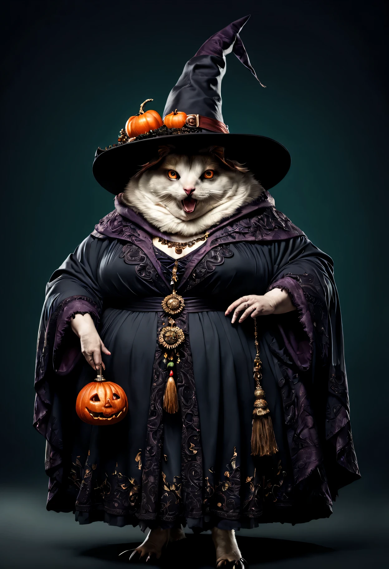 photorealistic portrait of Dressed animals - a ((fat)) bad witch,(elegant pose), high quality,(lovely) ,intricate details, highly detailed ((witch robe and hat)) ,,highly detailed decorations, , (creepy), studio lighting,(full body image:1.5)