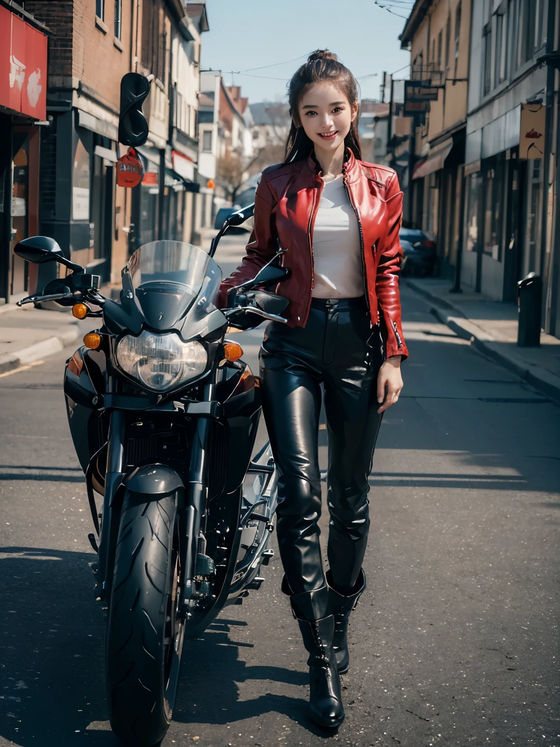 ((highest quality, 8K, masterpiece: 1.3)), sharp: 1.2, perfect body beauty: 1.4,(((Woman on motorcycle))),slender body,((Red long sleeve motorcycle jacket and black long pants)),Highly detailed face and skin texture,((full body shot)),Natural light,smile、beautiful feet、Racing Boots