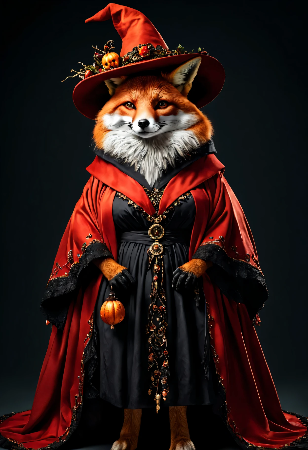 photorealistic portrait of Dressed animals - a ((fat)) red fox witch,(elegant pose), high quality,(lovely) ,intricate details, highly detailed ((witch robe and hat)) ,,highly detailed decorations, , (creepy), studio lighting,(full body image:1.5)