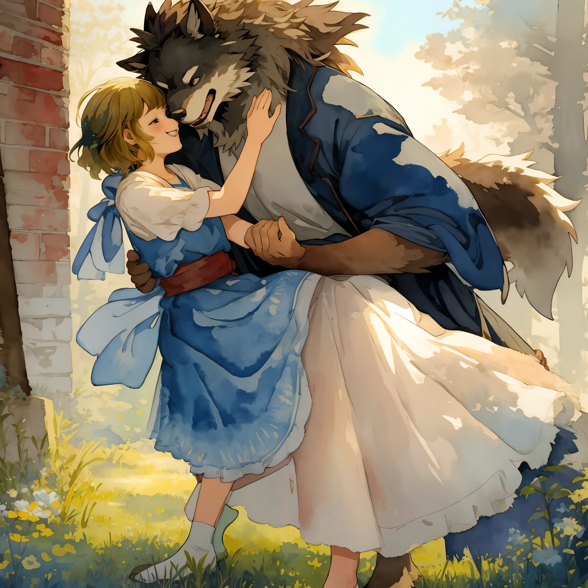 watercolor, soft color, Vintage images, highres, unparalleled masterpiece, absurdres, love story of human  girl and giant Werewolf, pair, Height difference, Physical difference, perfect anatomy, smile, joyful, play with, smile, happy, watercolor,