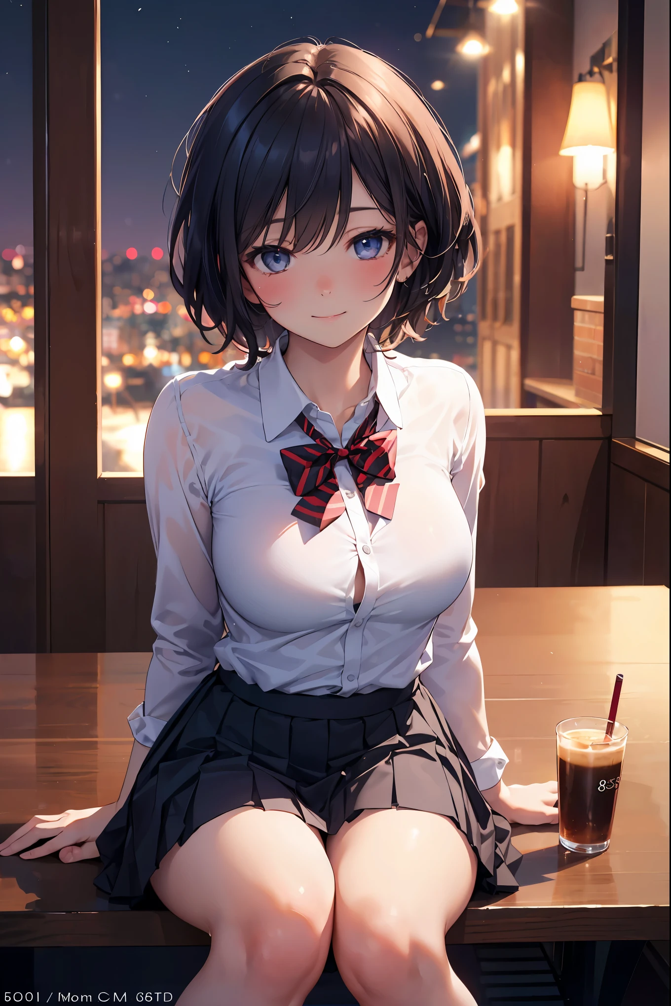 (8k, RAW photo, best quality, masterpiece:1.2), (realistic, photo-realistic:1.37), ultra-detailed,
1 girl,cute, solo,beautiful detailed sky,detailed cafe,night,sitting,dating,(nose blush),(smile:1.1),(closed mouth),large breasts, seductive smile, large aparture, professional lighting, Sony A7R4, Zessie 50mm F1.8,
medium breasts,beautiful detailed eyes,(collared shirt:1.1), bowtie,pleated skirt,(short hair:1.2),floating hair