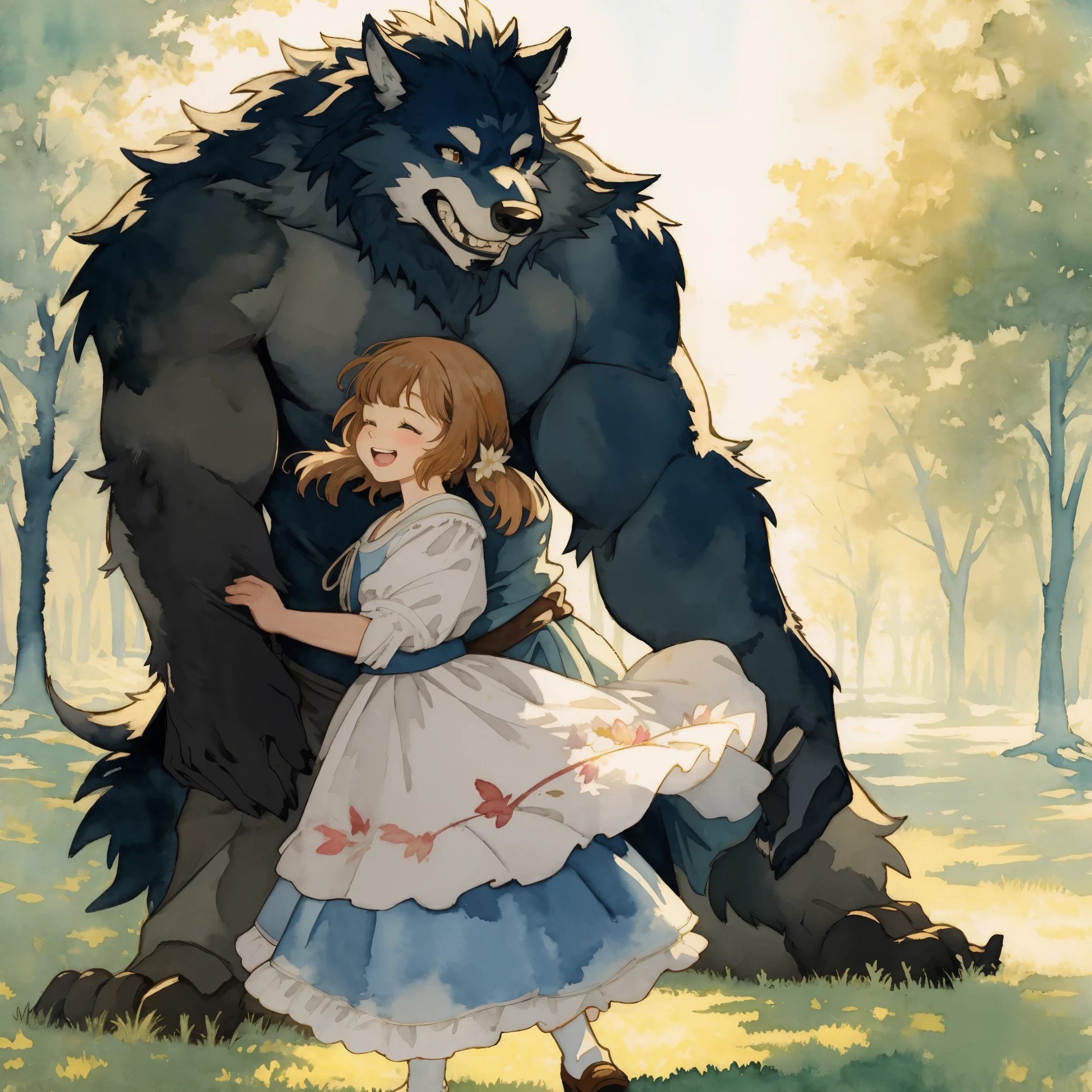 watercolor, soft color, Vintage images, highres, unparalleled masterpiece, absurdres, love story of human girl and giant Werewolf, pair, Height difference, Physical difference, perfect anatomy, smile, joyful, play with, smile, happy, watercolor,