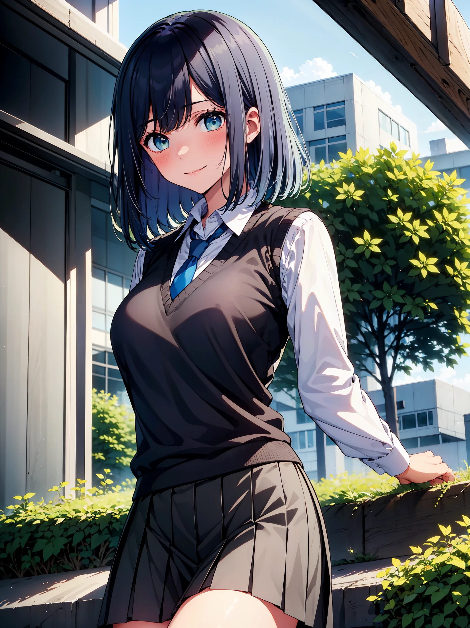 (masterpiece, highest quality:1.2), 1 girl, alone, Akane Kurokawa, 1 girl, dark blue hair, medium hair, one length bob, Added bangs to add brightness to the face, Hair ends remain thick overall. , blue eyes, green eyes, school uniform, white shirt, collared shirt, vest, white shirt, sweater vest, black vest, blue tie, gray pleated skirt, smile, In a field of colorful flowers