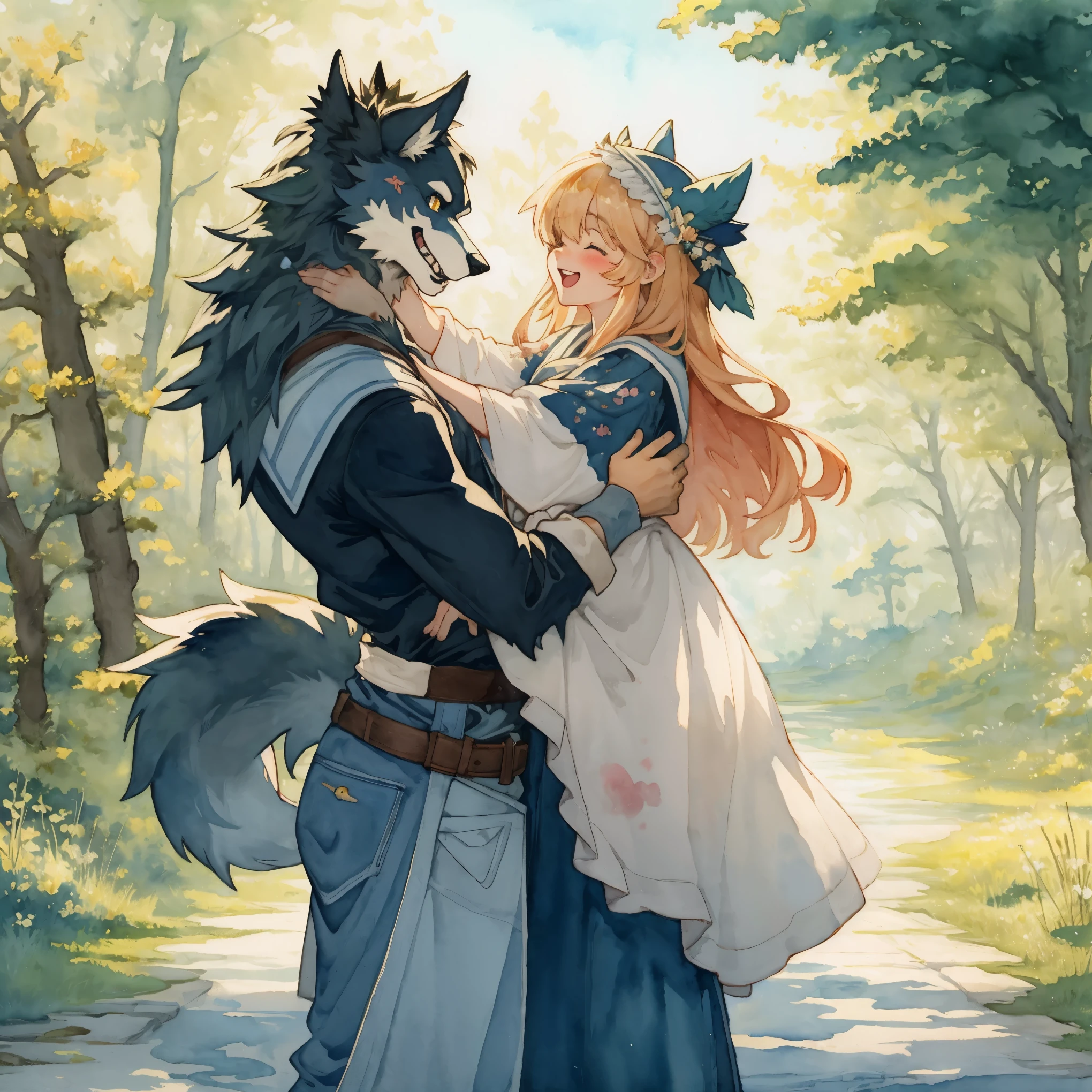 watercolor, soft color, Vintage images, highres, unparalleled masterpiece, absurdres, love story of human  girl and giant Werewolf, pair, Height difference, Physical difference, perfect anatomy, smile, joyful, play with, smile, happy, watercolor,