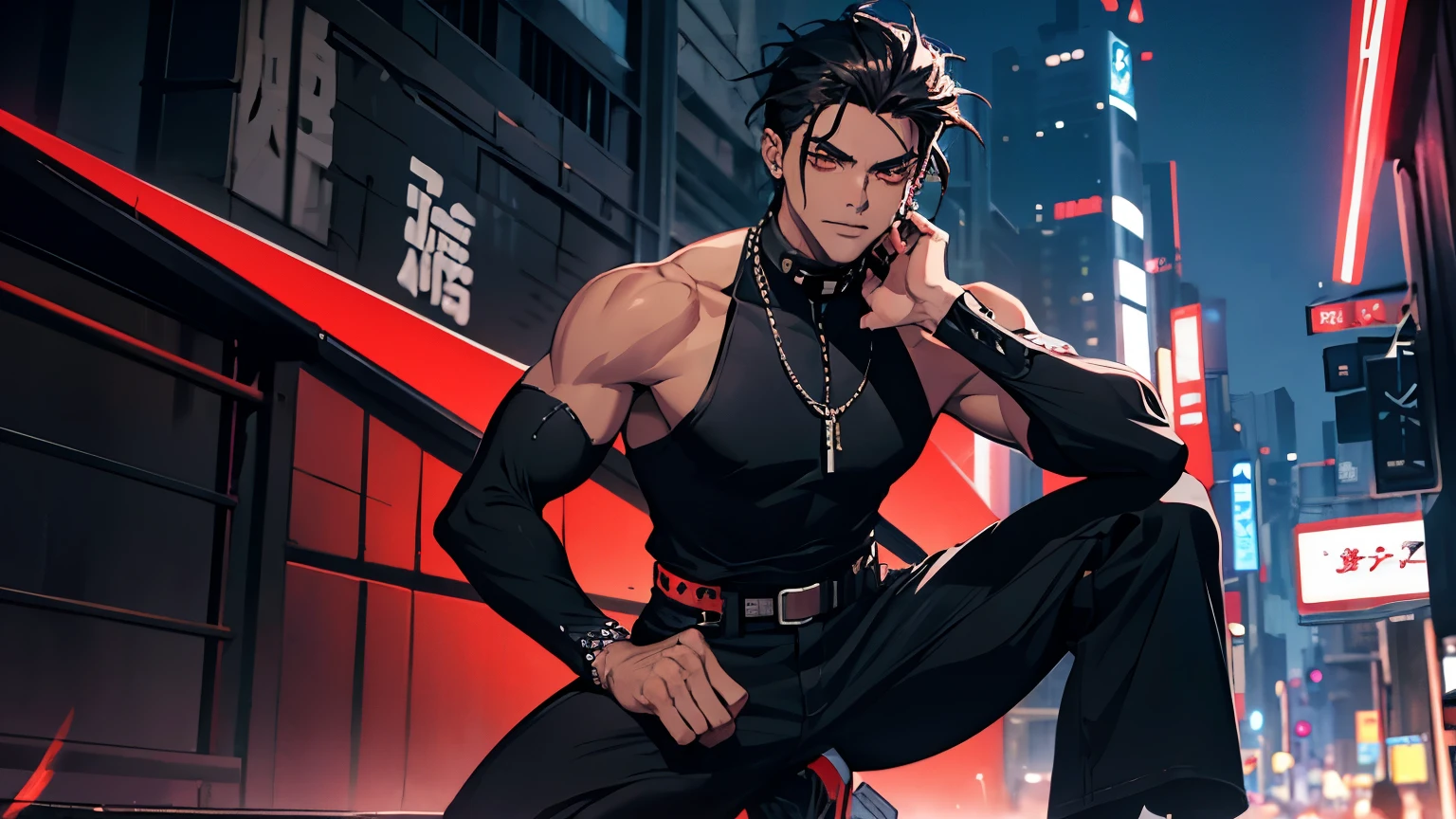 Highest image quality，male people，1 boy，Young and handsome，shoun，Short flat top hair，Dark  skin，anime，anime wallpaper，Solo，malefocus，Briefs，Dilation of the pectoral muscles，Bulging crotch，Urban background，spread their legs，Sexy,(Masterpiece, Best quality，Black stockings with garters），CG sense，Dark atmosphere，8K,Cinematic lighting effects