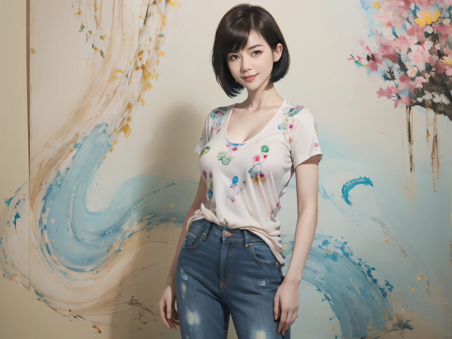 157
(Shorthair:1.46), (a 20 yo woman, standing), (A hyper-realistic), (Masterpiece), (8KUHD), (gentle smile), Slender waist, Wearing jeans, ((Floral Clothing - T-Shirts)), Wearing long pants, abstract splash painting, splash on the beach, (doodle:1.46), (breasts:1.46), (口紅)