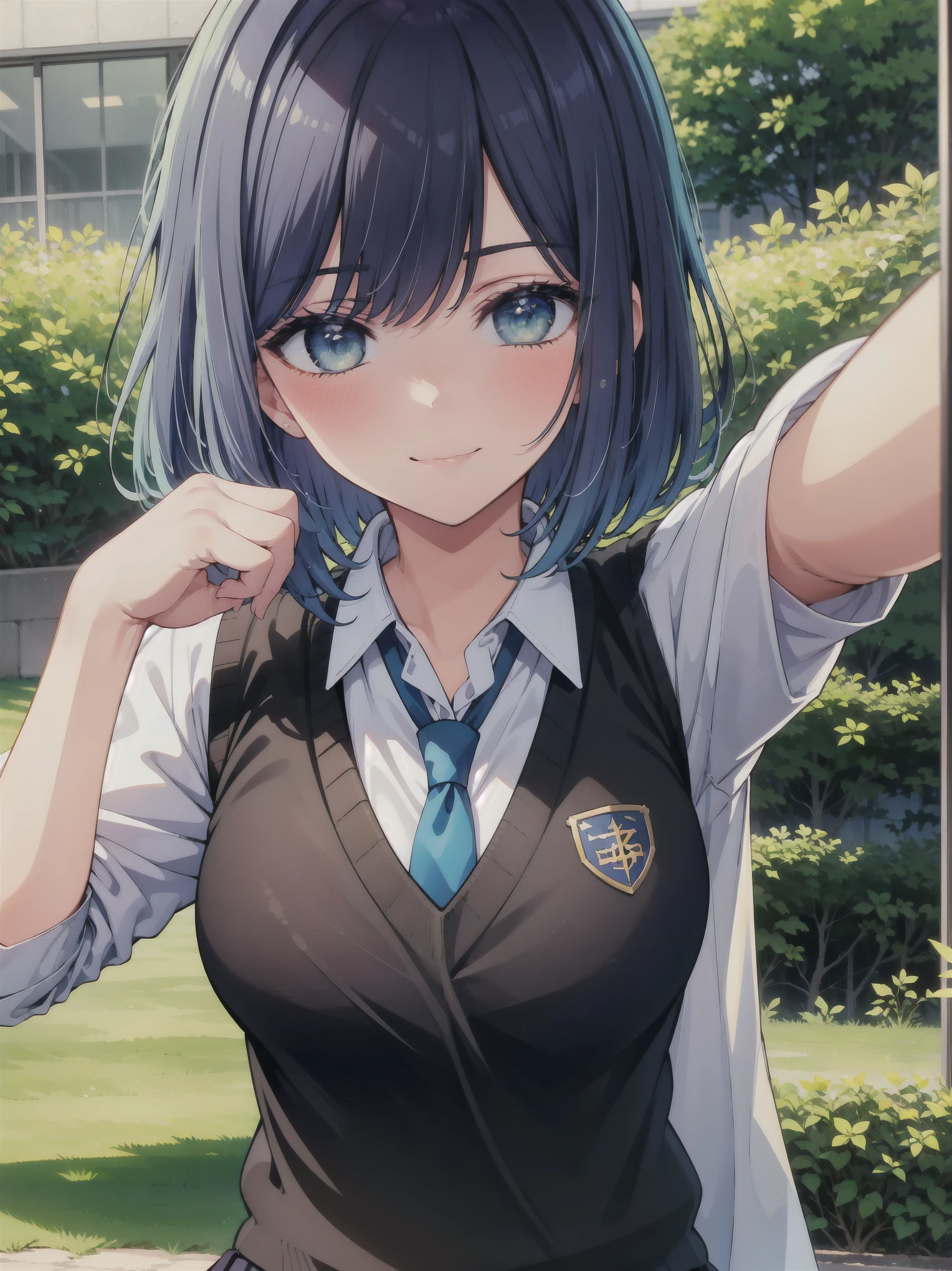 (masterpiece, highest quality:1.2), 1 girl, alone, Akane Kurokawa, 1 girl, dark blue hair, medium hair, one length bob, Added bangs to add brightness to the face, Hair ends remain thick overall. , blue eyes, green eyes, school uniform, white shirt, collared shirt, vest, white shirt, sweater vest, black vest, blue tie, gray pleated skirt, smile, In a field of colorful flowers