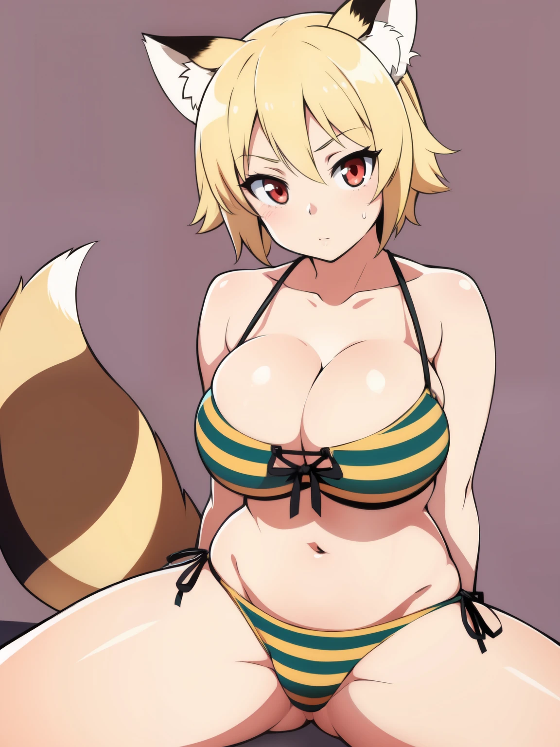 a drawing of a cartoon of a y lady wearing a bikini with , 1girl, brenimal ears, tail, raccoon ears, solo, swimsuit, raccoon tail, bikini, red eyes, blonde hair, short hair, dated, striped, expressionless, cleavage, easts