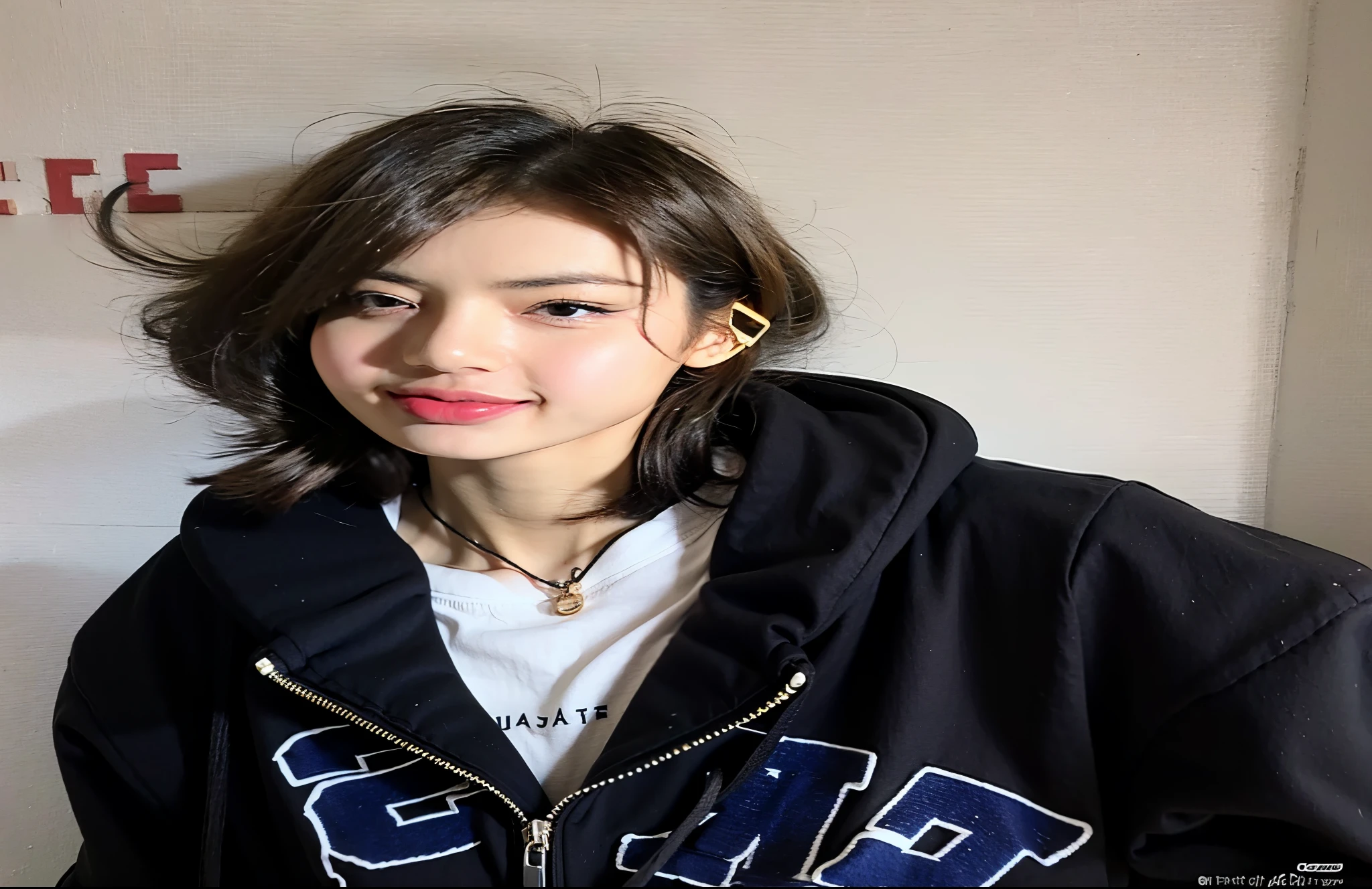 puffy Asian woman in a black jacket and a white shirt, com cabelo curto, black haired garota usando moletom, she is wearing streetwear, garota usando moletom, corte de cabelo preto hime, 🤤 retrato de , penteado com corte hime branco, Ulzzang, coreana, young pale and beautiful asian face, vestindo um moletom grande, garota masculina, blackpink lisa