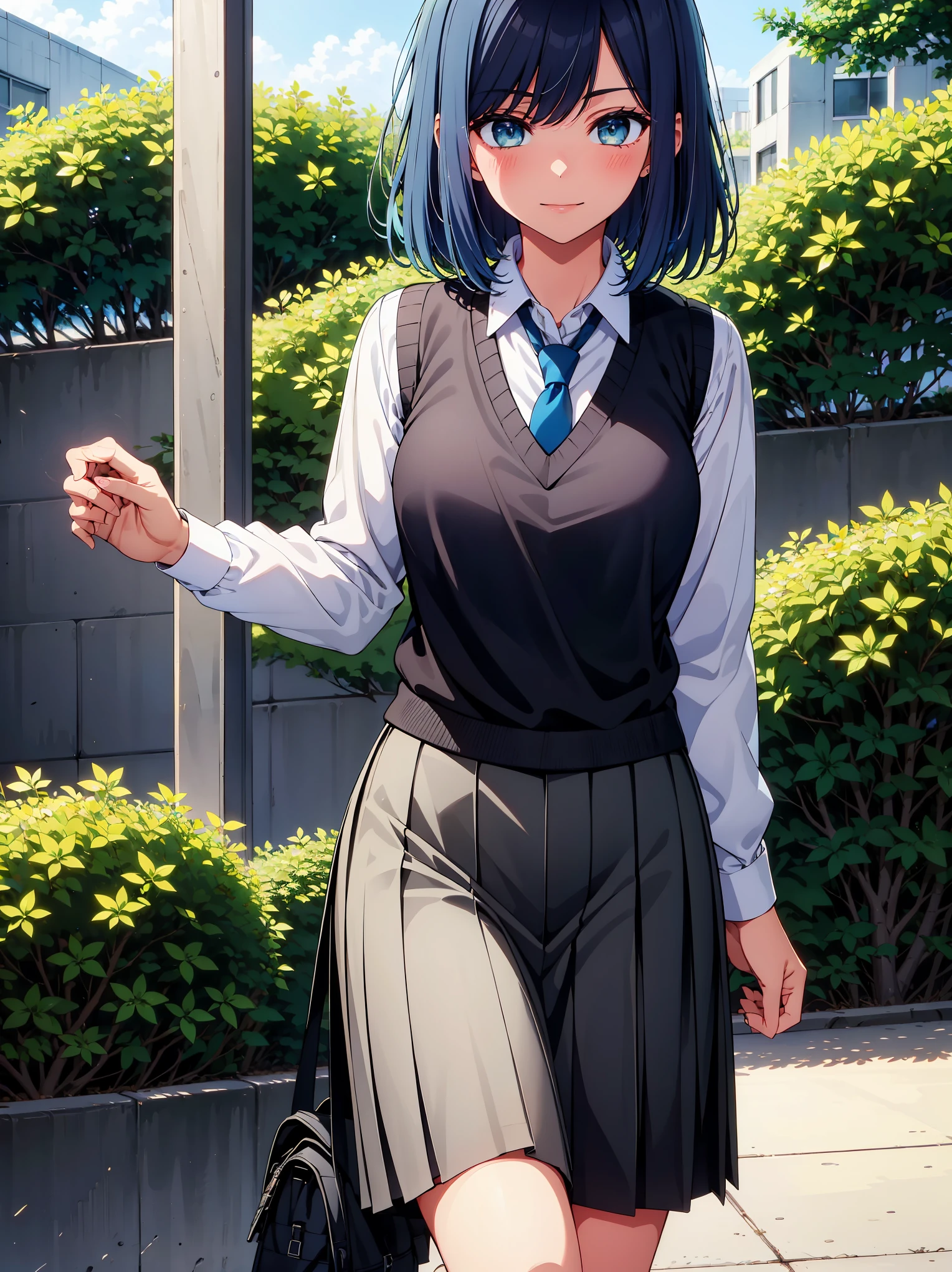 (masterpiece, highest quality:1.2), 1 girl, alone, Akane Kurokawa, 1 girl, dark blue hair, medium hair, one length bob, Added bangs to add brightness to the face, Hair ends remain thick overall. , blue eyes, green eyes, school uniform, white shirt, collared shirt, vest, white shirt, sweater vest, black vest, blue tie, gray pleated skirt, smile, In a field of colorful flowers