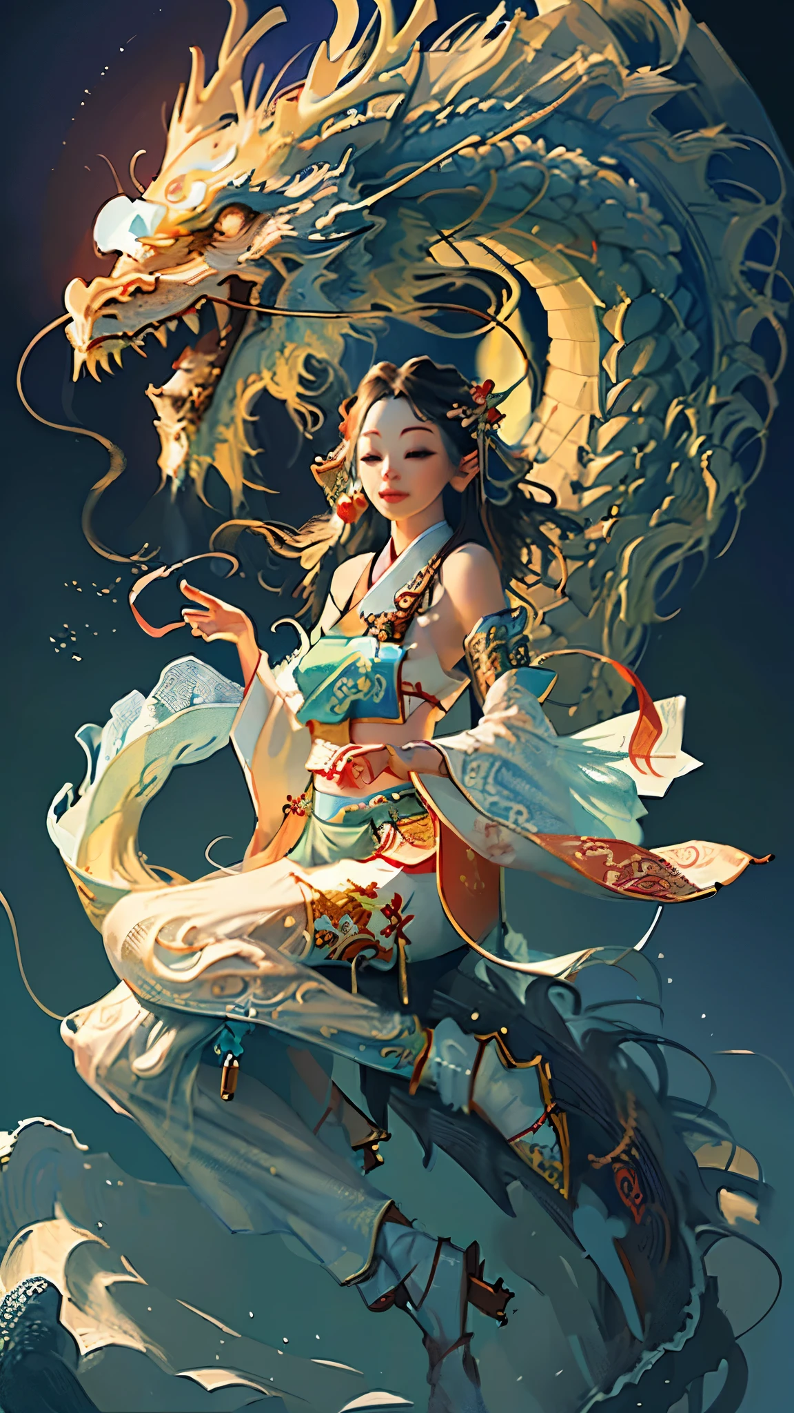 Official Art, Unified 8K Wallpapers, Ultra Detailed, Beautiful and Aesthetic, Masterpiece, Best Quality, (Zentangle, Tangle, Entangle), (fractal art: 1.4), 1girl, black hair, Chinese, bare shoulders, short skirt, calf, navel, very detailed, dynamic angle, cowboyshot, (most beautiful form chaos), flowing, (bright colors), oc, (half: 1.2), china, (thangka flying sky: 1.5), (ribbon: 1.3), (dream: 1.5), (hanfu: 1.5), Chinese dragon, Chinese phoenix, (smile: 0.5), (Chinese deity),