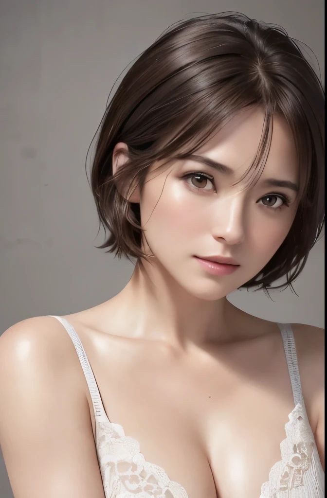 (Representative works:1.4), (8K, photorealistic, RAW photo, Highest image quality: 1.4)、High resolution skin:1.3、realistic skin texture、30 year old mature woman、A well-formed and beautiful face、small face、no makeup、Bust B Cup、、small breasts、Detailed beautiful eyes、short hair、dark brown hair、sexy pose、gray background