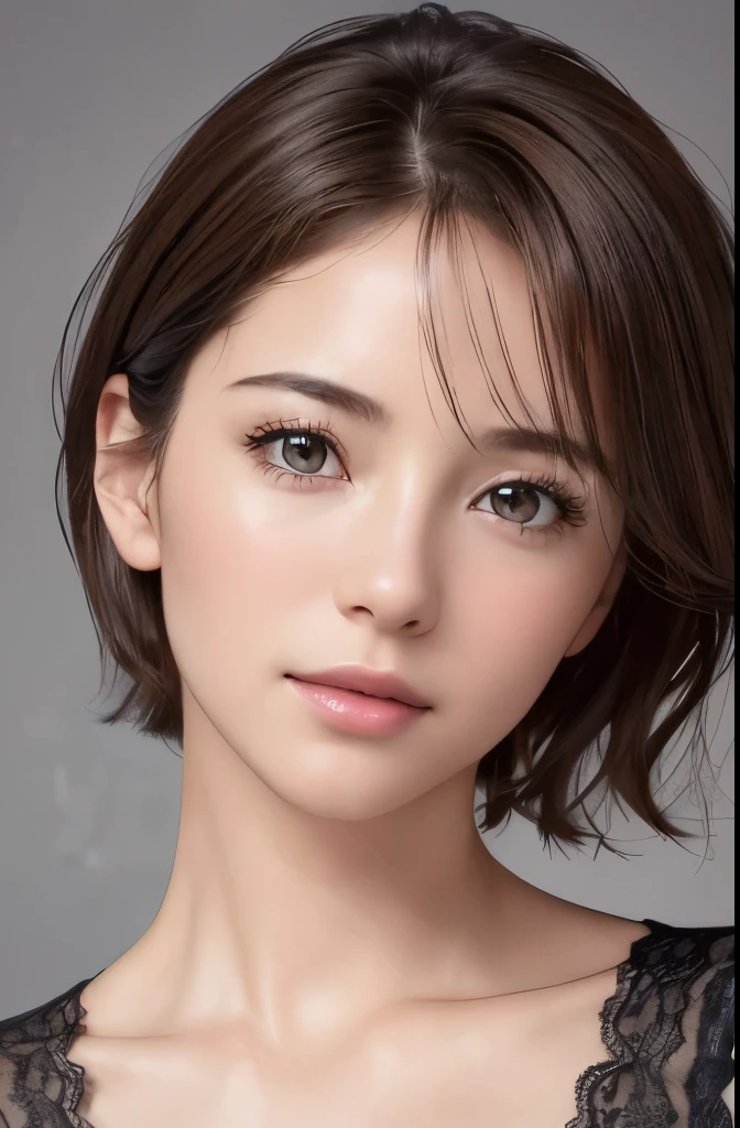 (Representative works:1.3), (8K, photorealistic, RAW photo, Highest image quality: 1.4)、High resolution skin:1.3、realistic skin texture、30 year old mature woman、A well-formed and beautiful face、small face、no makeup、Bust B Cup、、small breasts、Detailed beautiful eyes、short hair、dark brown hair、sexy pose、gray background
